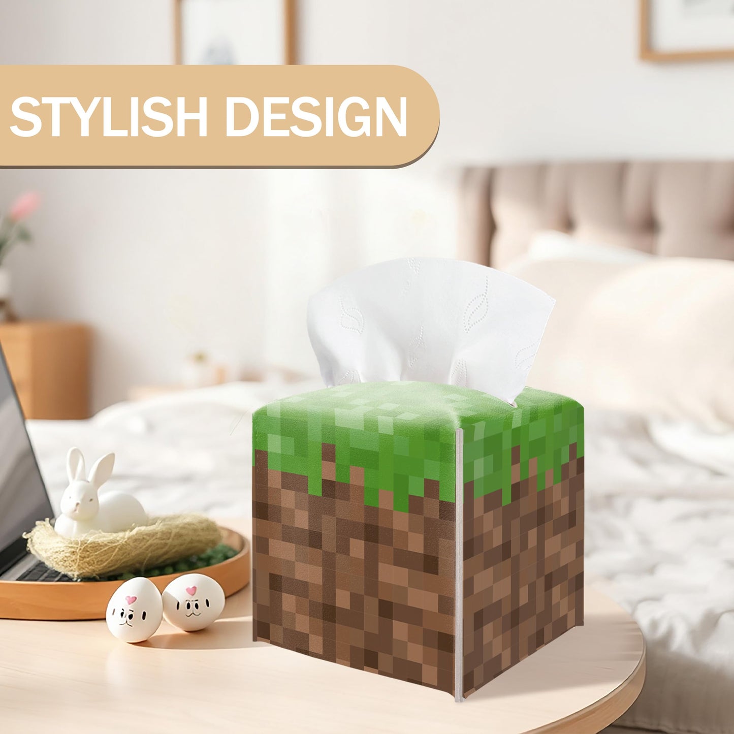 Pixel Grass Block Square Leather Tissue Box Cover – Pixel Theme Party Tissue Box Cover Holder Square, Pixelated Decor for Bathroom Nightstand Kitchen, Birthday Party Gift for Kids & Their Friends