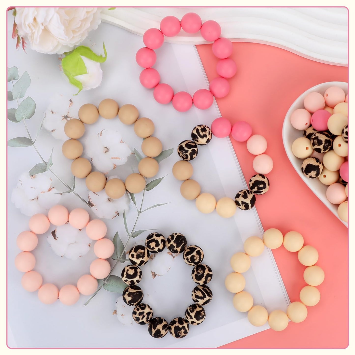 SALUOKE 100 Pcs 15mm Silicone Beads for Keychain Making, Pink Gream Silicone Beads Bulk Round for Bracelets Pens Crafts Jewelry Making (Pink Gream)