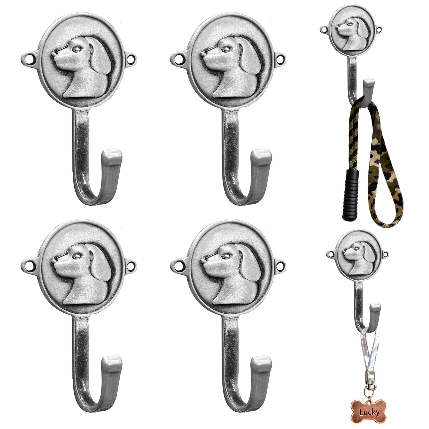 FKLOYP 6PC Dog Head Shaped Hooks Wall Mount Pet Leash Hook Cat Leash Holder for Wall Cute Coat Hooks Key Holder for Entryway Hallway Kitchen Office, Great Gift for Dog and Cat Lovers(Antique Silver)
