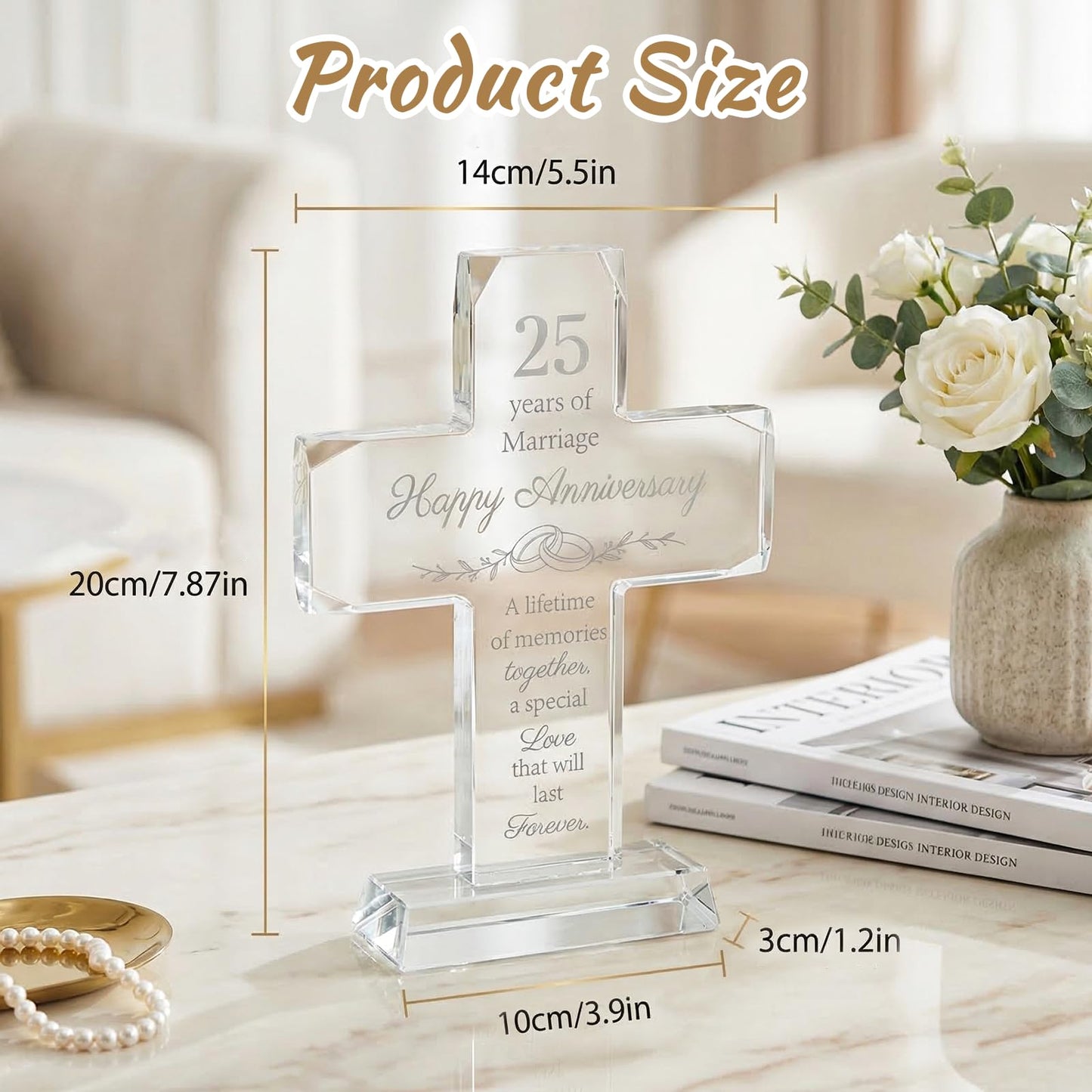 25th Wedding Anniversary for Couple Gifts, Religious Standing Cross Crystal with Wedding Keepsake Box, Laser Engraved 25 Year Anniversary Romantic Gift for Decorations, Couple, Her, Him