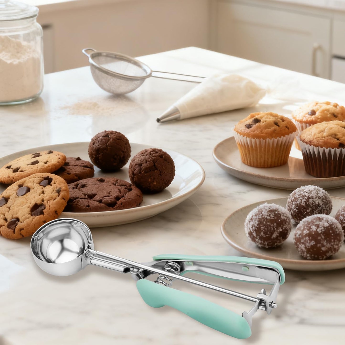 Cookie Scoops for Baking Set of 2, 18/8 Stainless Steel Ice Cream Scoop Set with Ergonomic Soft Grip, Spring Trigger Release Cookie Dough Scooper for Cupcakes, Muffins, Meatballs - Pink & Mint Green
