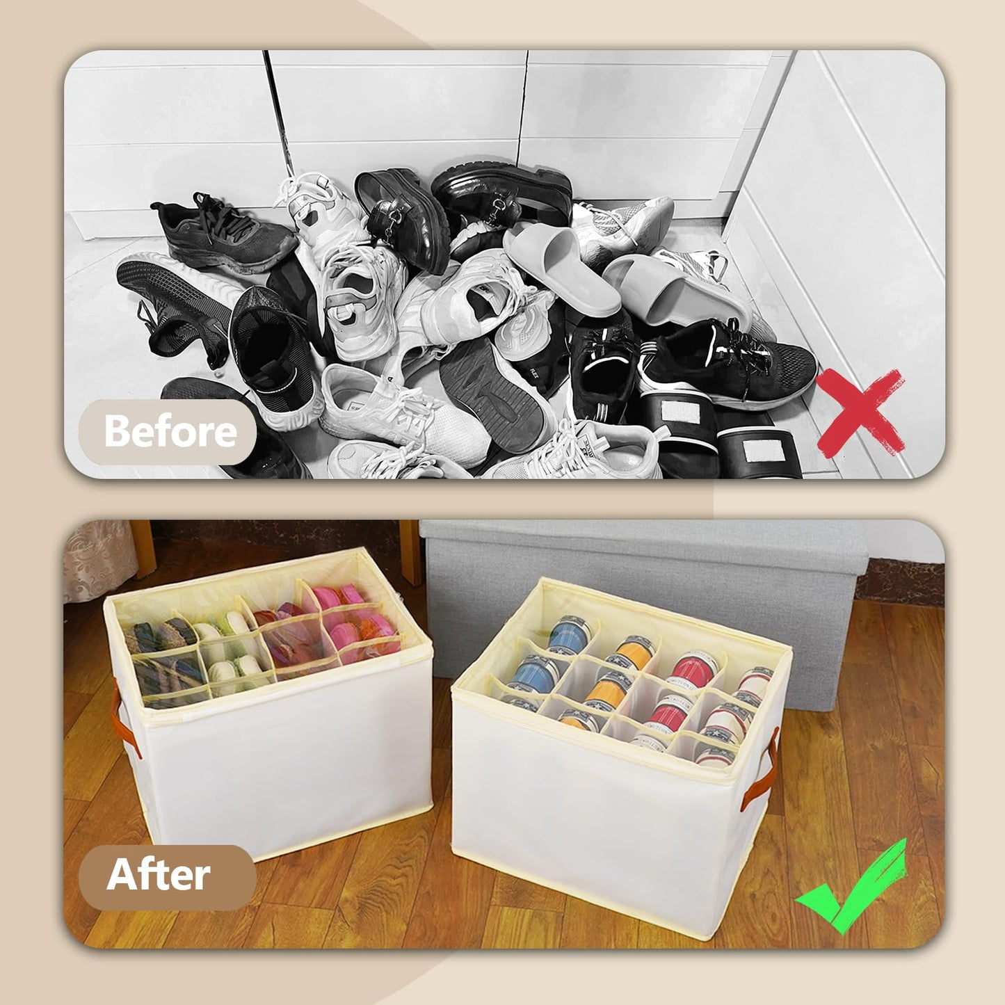 Patinao 2 Pack Shoe Storage Box Organizer for Closet - 24 Cell Space Saver Shoes Containers Bin with Clear Lids Stackable, Can Fit Ottoman, Foldable Shoe Rack Cabinet Cubby for Wardrobe