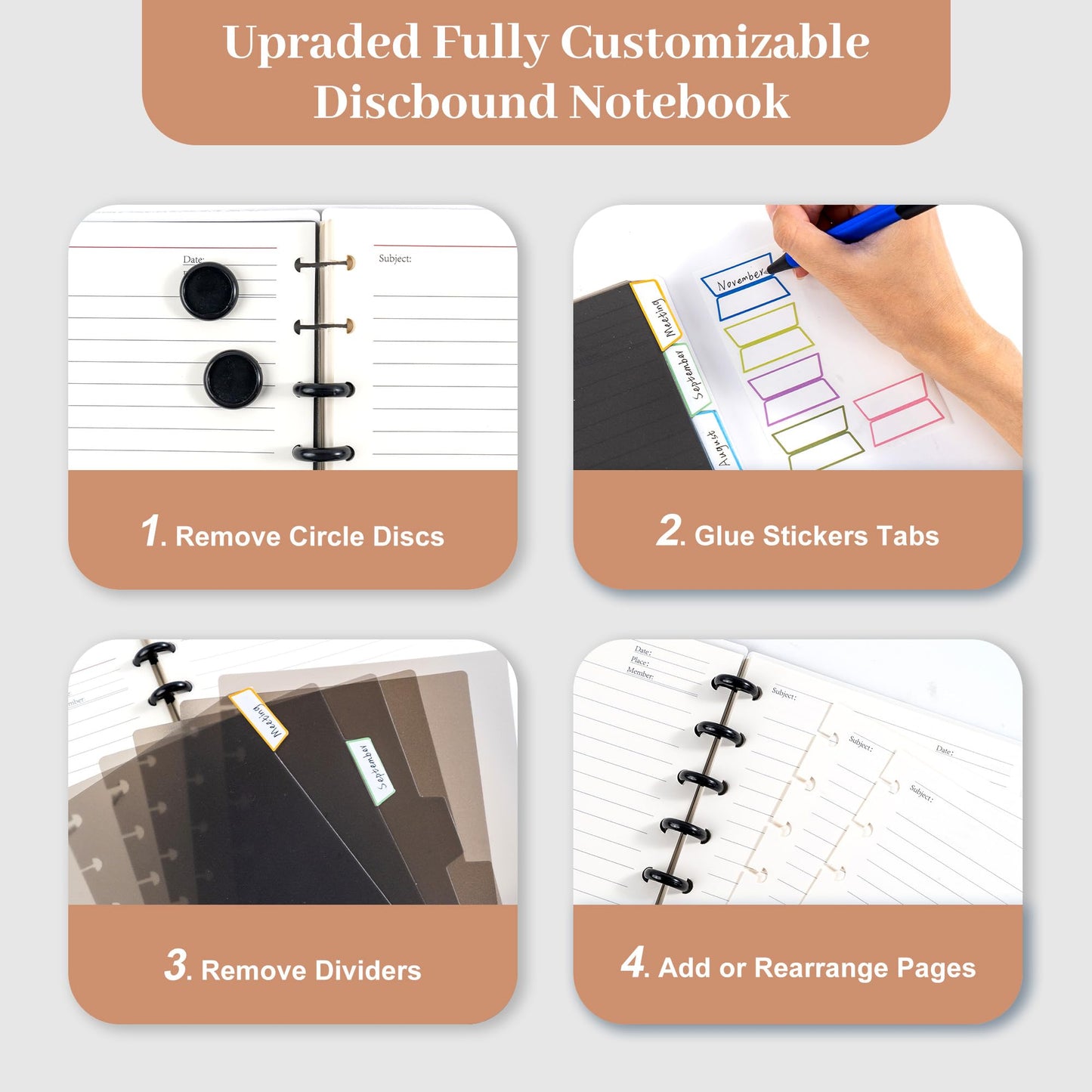 Yoment Discbound Notebook Customizable Spiral Journal Refillable 5 Subject Notebook with Removable Pages 120 Wide Ruled Disc Planner with 6 Binder Dividers & 16 Tabs for Work Meeting School