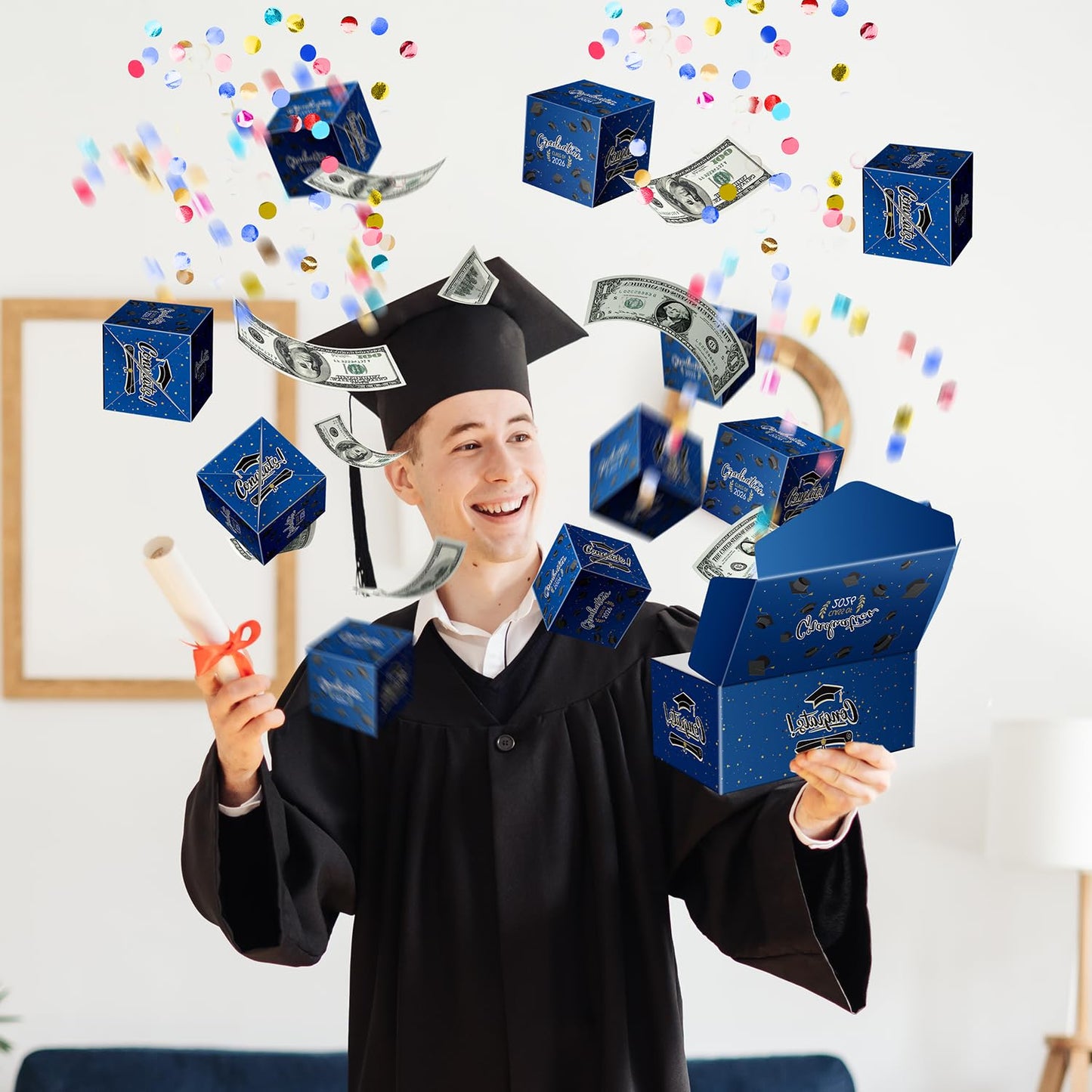 Lyforpyton 2026 Graduation Surprise Explosion Gift Box , DIY Grad Cash Folding Bouncing Gift Box , 15 Pcs Graduation Pop Out Folding Bounce Money Gift Box with Confetti , Suitable for Party Gifts for Graduates ( Blue )