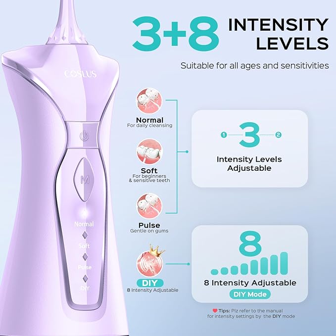 COSLUS Water Dental Flosser Pick for Teeth: 4 Modes Cordless 300ML Larger Tank Portable Water Teeth Cleaner Picks IPX7 Waterproof Flossing Machine for Home Travel Purple C30(FC5360)