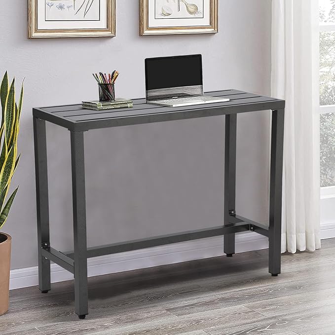 Outdoor Bar Table, Patio Console Pub Height Tables with Powder Coated Steel Frame, Weather Resistant Waterproof Top for Hot Tub, Balcony, Garden, Yard, Poolside (63" Bar Table, Grey)