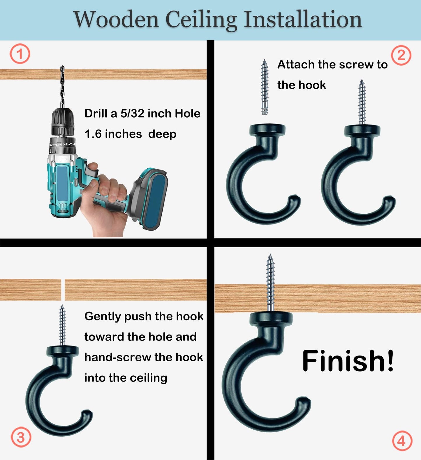 OBSTKUCHEN Large Swag Ceiling Hooks Heavy Duty Swag Hook with Hardware for Hanging Plants Ceiling Installation Cavity Wall Fixing (4 Sets, Black)