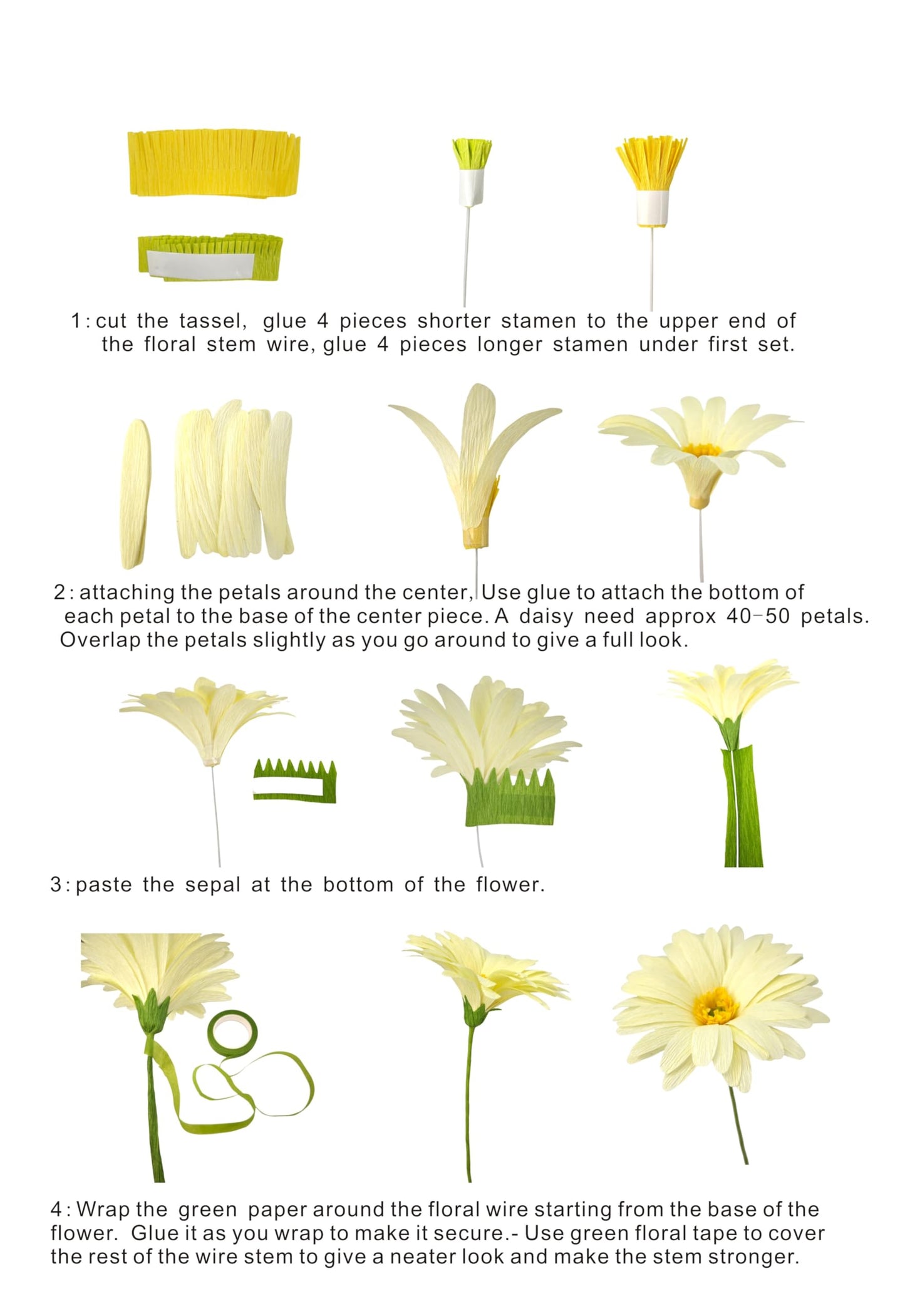 DIY Crepe Paper Flower Making Kit Yellow & Beige Daisy Bouquet 12 pcs Home Decor Set for Table Centerpieces Party Decor & DIY Craft Projects