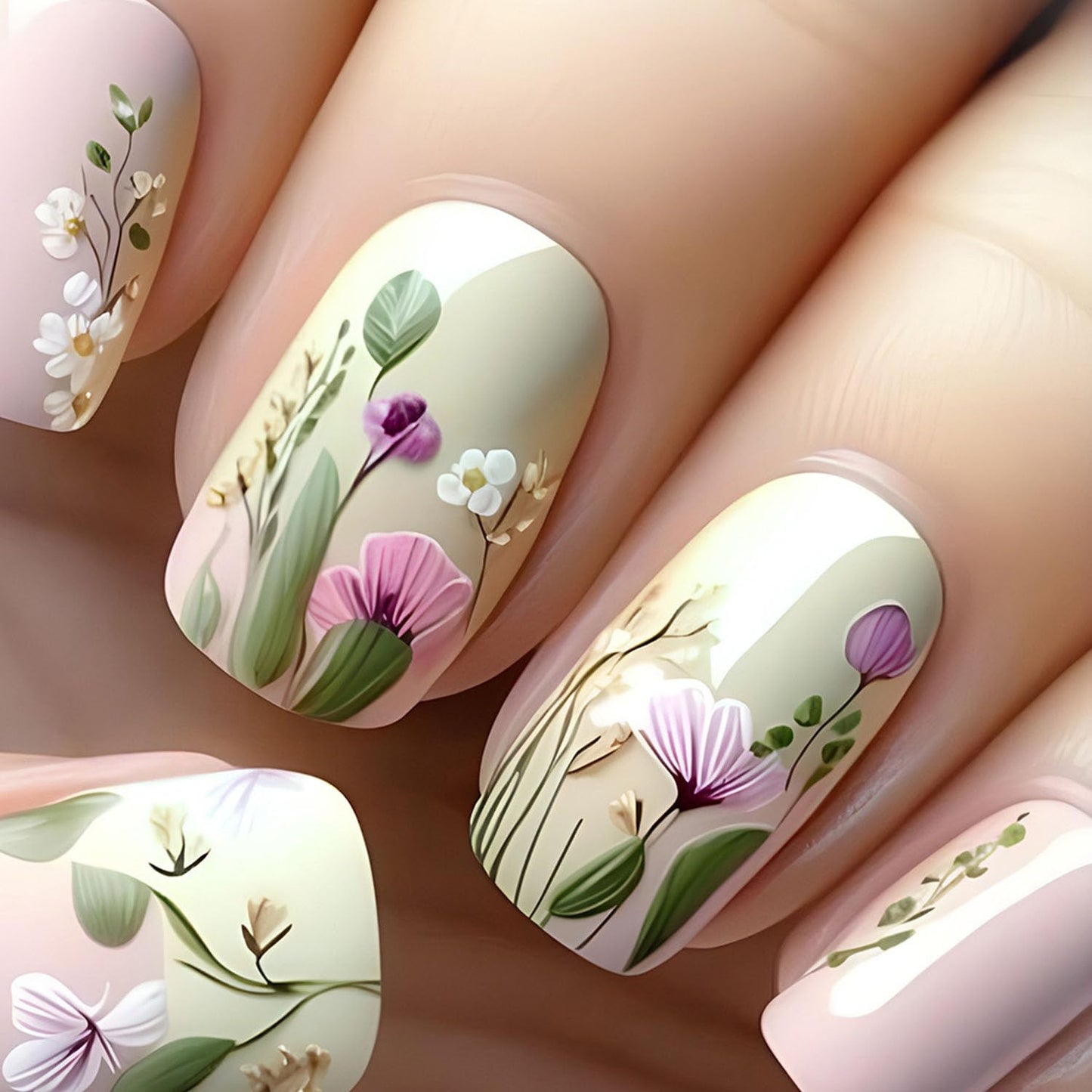 Flowers Press on Nails Short Fake Nails 3D Floral Acrylic Nails Light Pink & Green Full Cover Glue on Nails Spring Reusable Stick on Nails for Women 24 Pcs