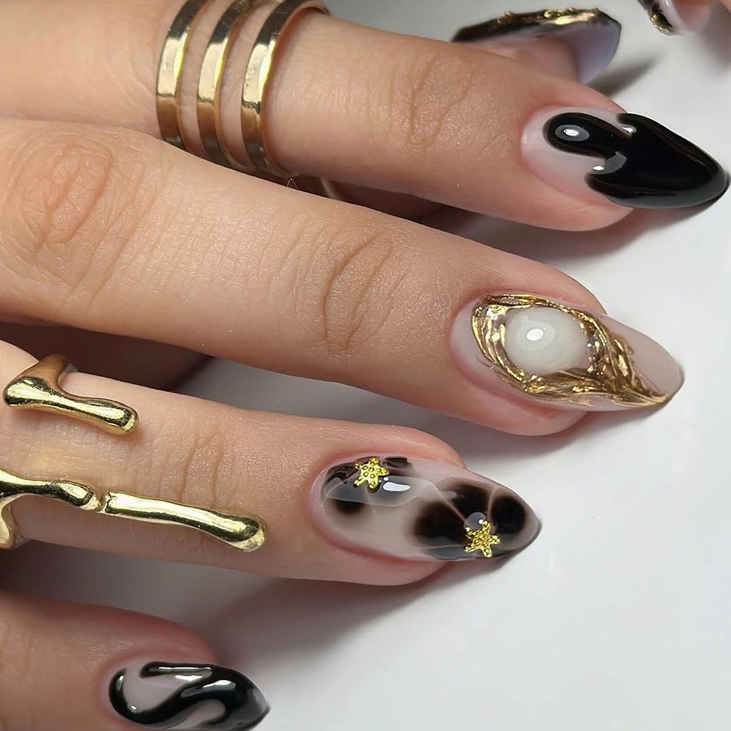 MISUD Press on Nails - Medium Almond Fake Nails with Black Flower, Acrylic Gold Chrome Design 24 pcs