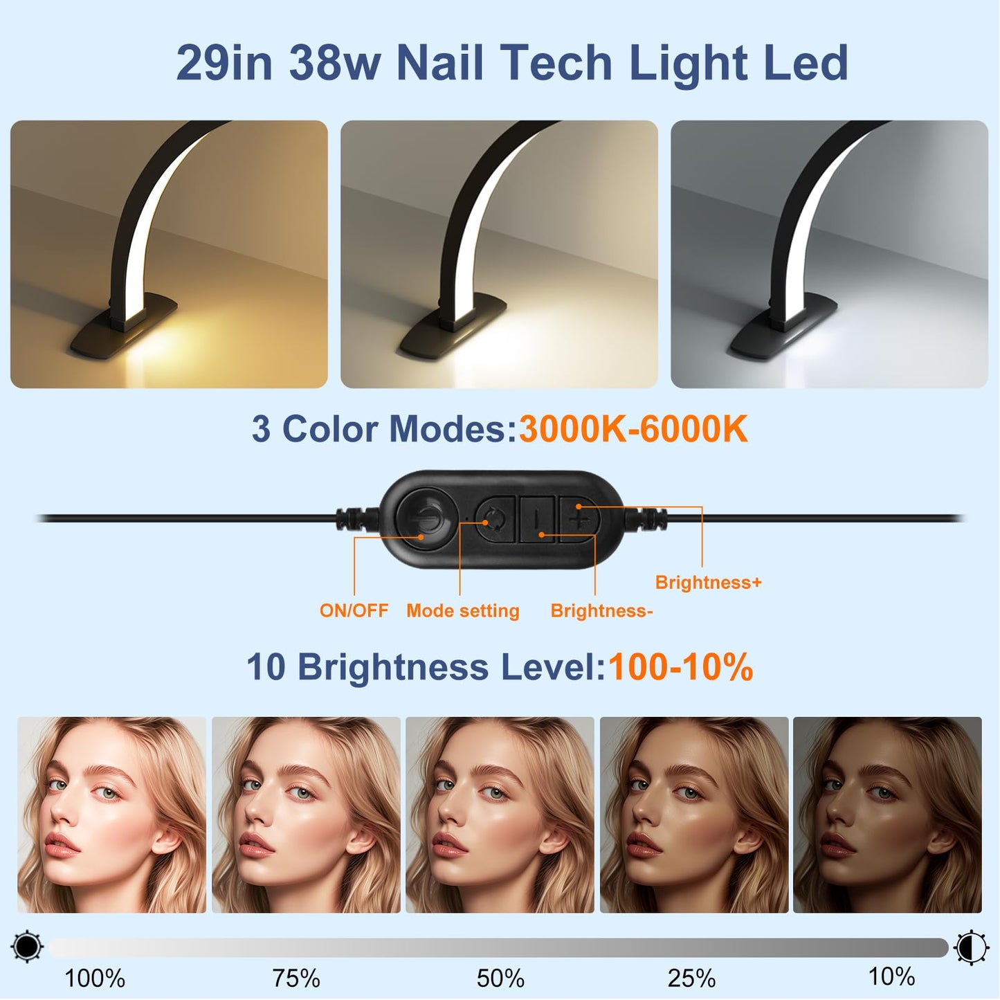 iVict Half Moon Light for Nail Desk, 29In 40W Nails Tech Light with Phone Stand, 10 Adjustable Brightness, 3 Color Temperature Led Desk lamp for Nail, Tattoos, Eyebrows, Beauty(Black)