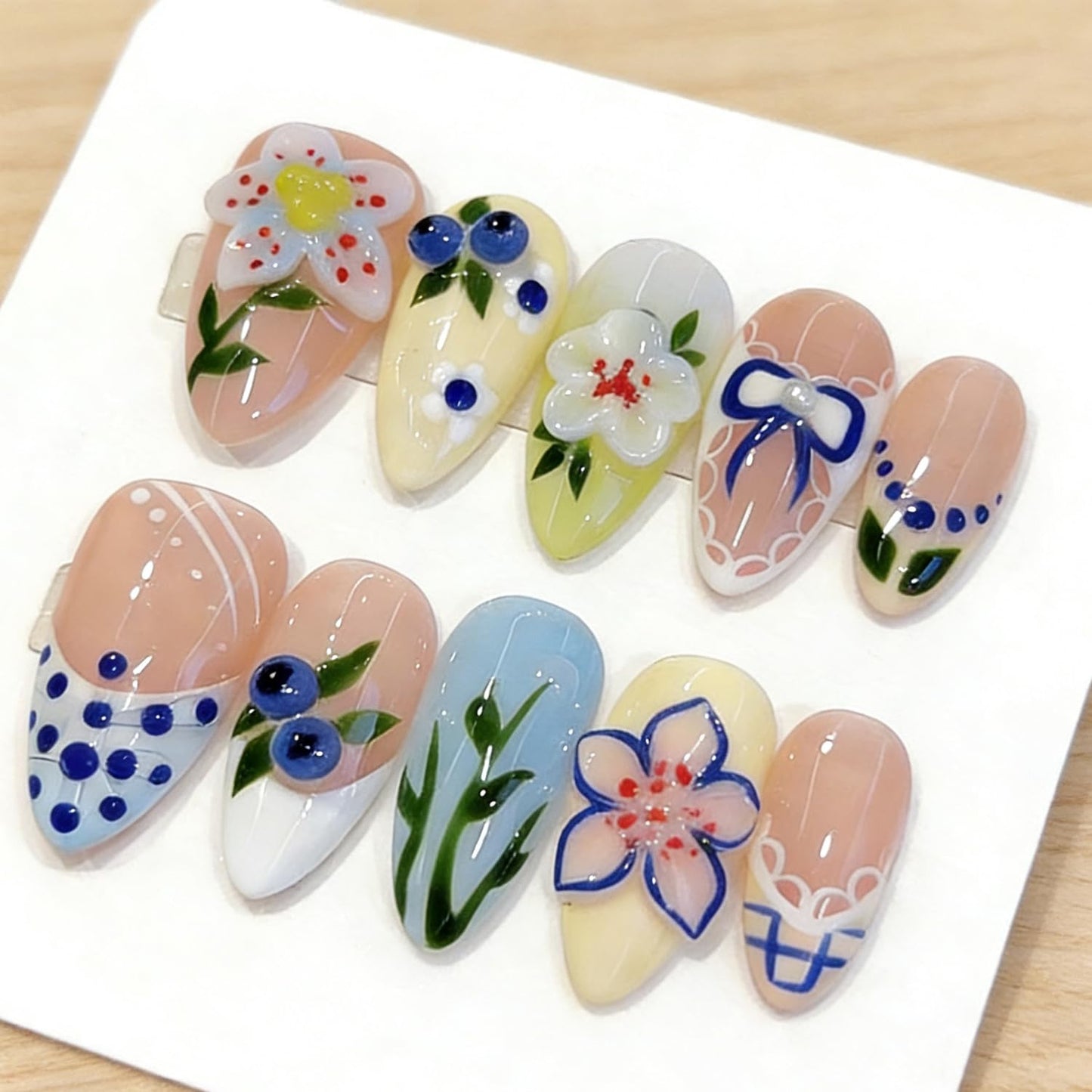 Handmade Press On Nails – Short Almond False Nails for Women, Reusable Acrylic with Bow& 3D Blueberry Design – Salon Quality Fake Nails（S）