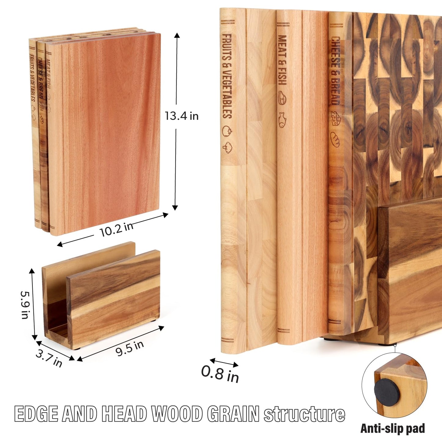 Book Cutting Board Set of 3 with Stand-The Cutting Board Library, Solid Wood Book-Shaped Boards for Serving & Display, Labeled Meat & Fish, Bread & Cheese, Fruits&Vegetables-Decorative Cutting Boards.