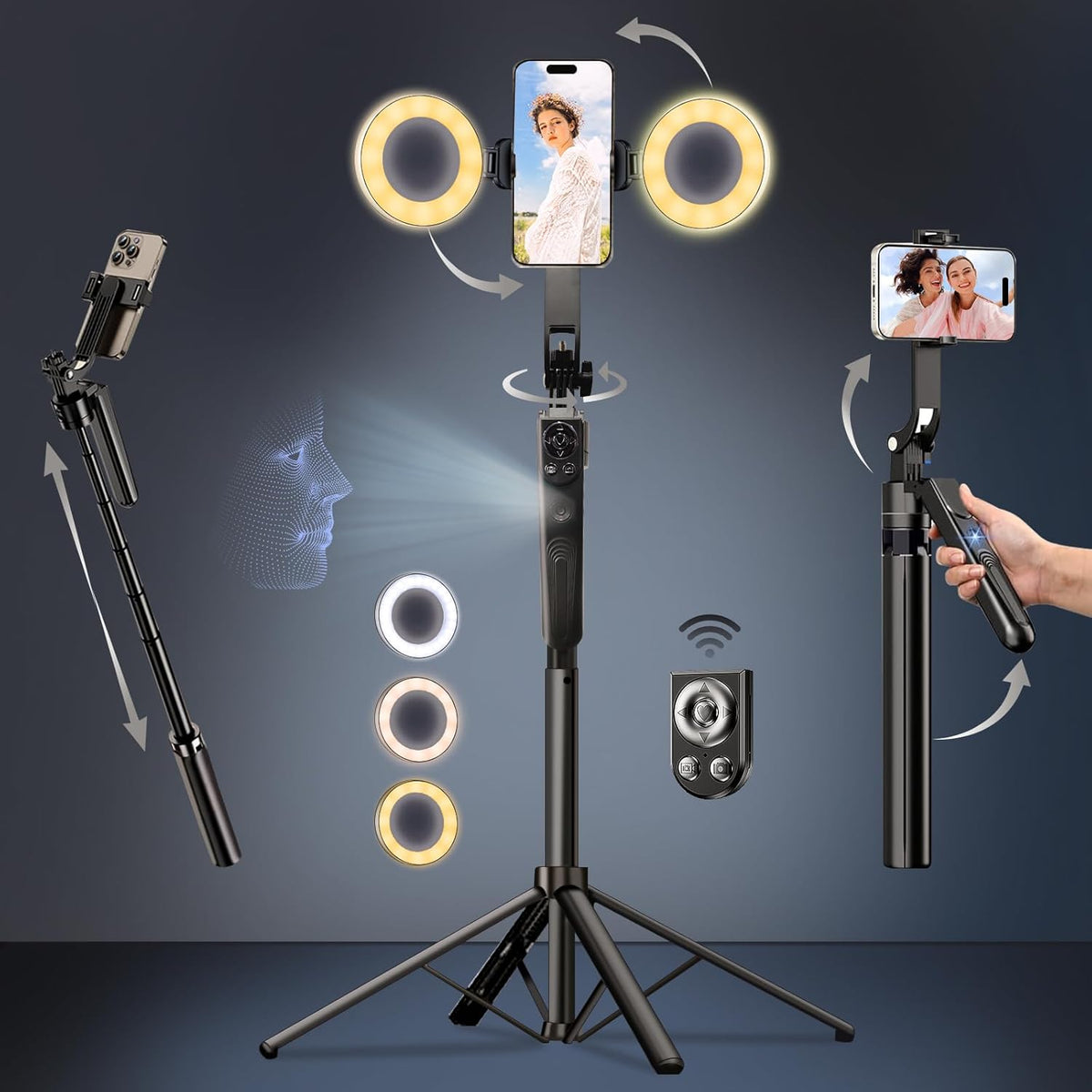 Auto Face Tracking Selfie Stick Tripod for iPhone with Light,360 Rotation That Follows Your Movement,70" Phone Camera Tripod Stand with Remote for Content Creator Vlog Live Stream Video Recording