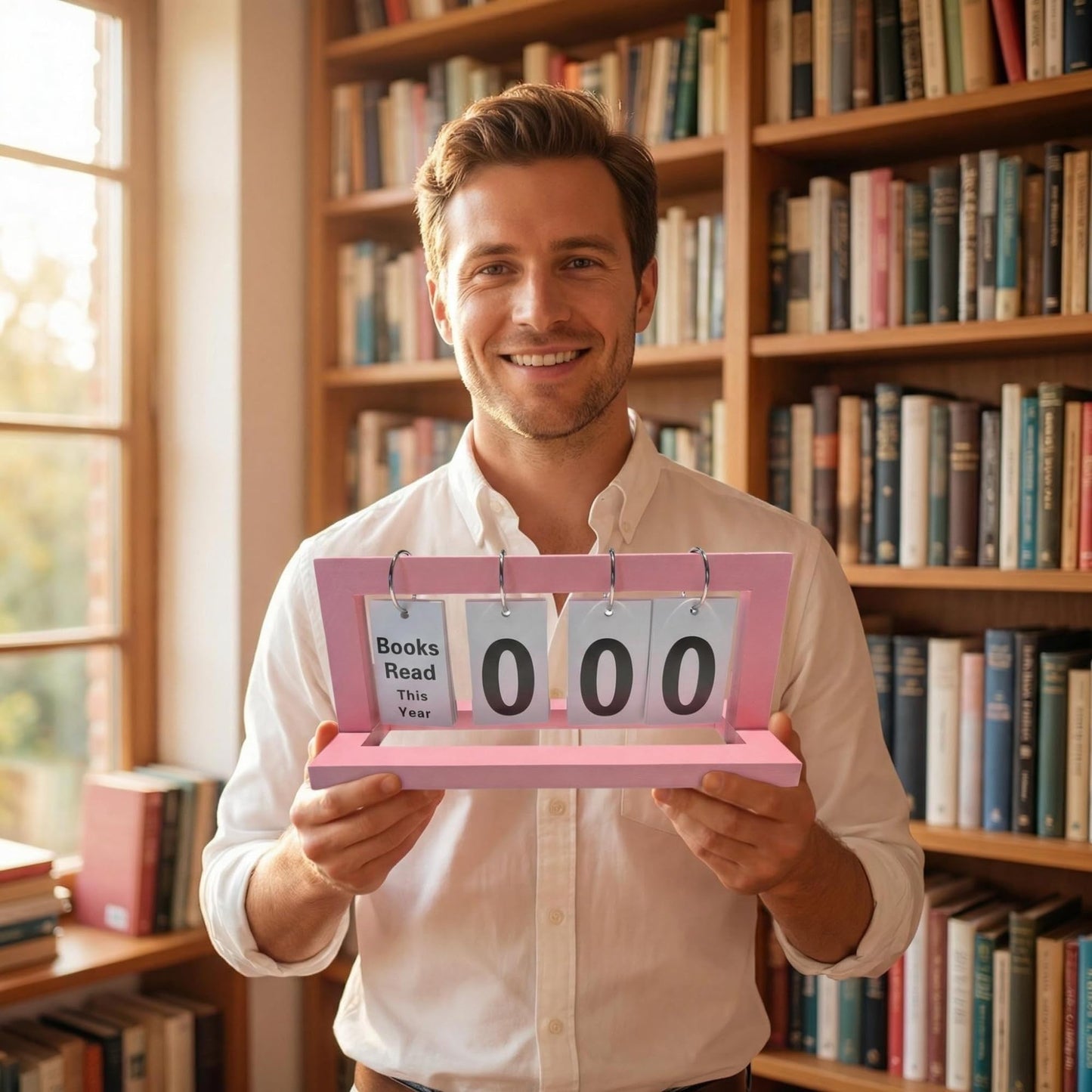 WONGSAI Wooden Books Read This Year Counter Tracker, Modern Style Library Decor Sign, Tabletop Display Stand This Month, Book Lover Gift for Librarian, Reader, Teacher, Women (Pink)