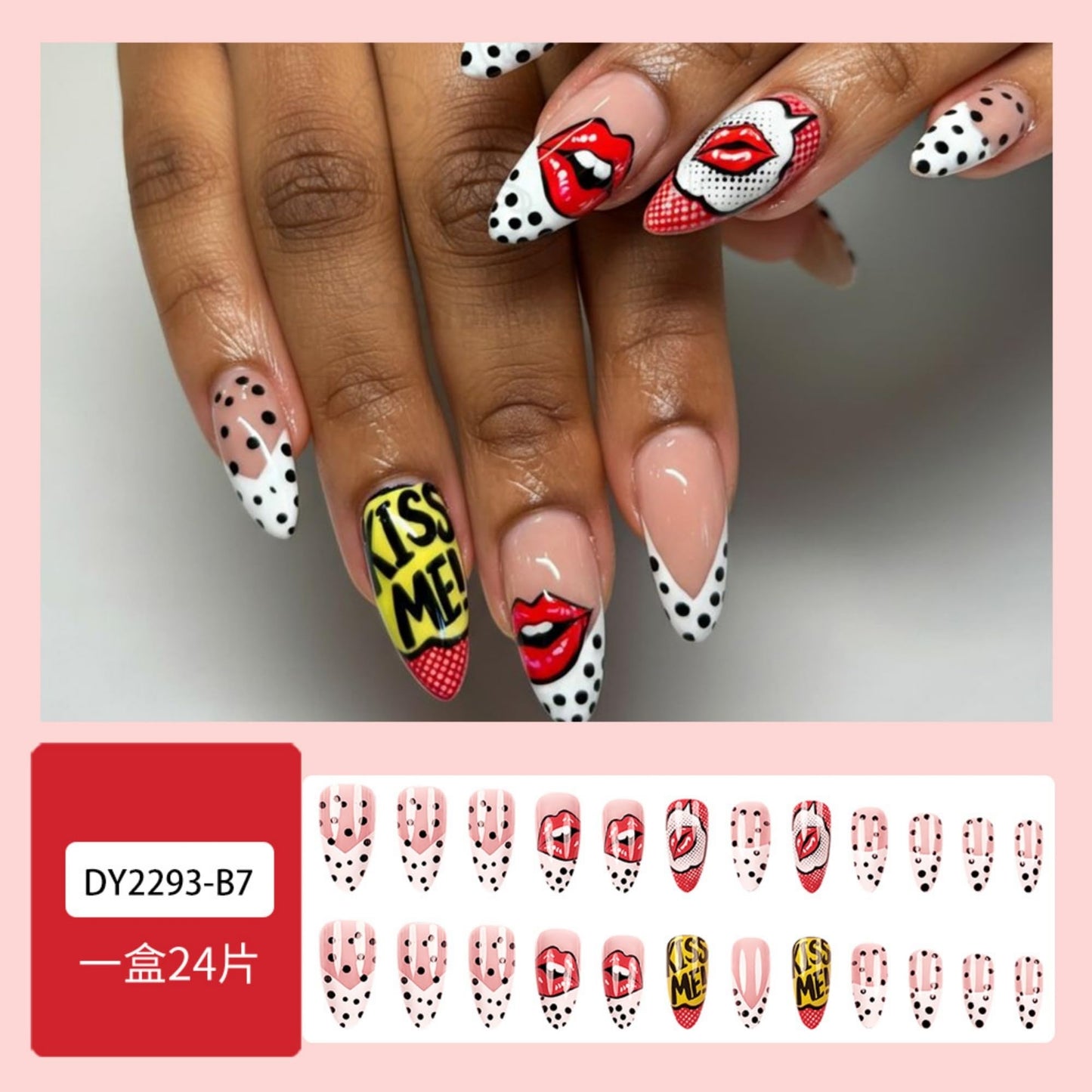 octoswave Long Almond Press on Nails with Romantic Red Lips and Polka Dots Design, Glossy Acrylic Fake Nails for Women Party and Date Night Styling, 24Pcs