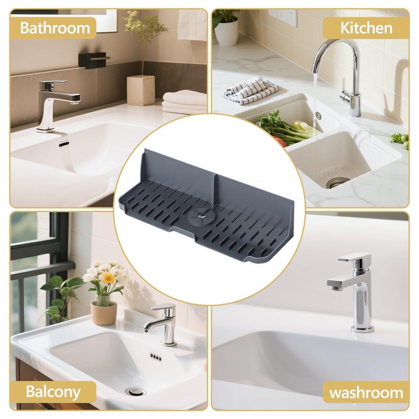 DAECHAO Sink Splash Guard Behind Faucet, Silicone Sink Faucet Drying Mat & Dish Soap Sponge Holder, 17" x 5.5" Silicone Kitchen Sink Auto Drain Organizer (Grey)