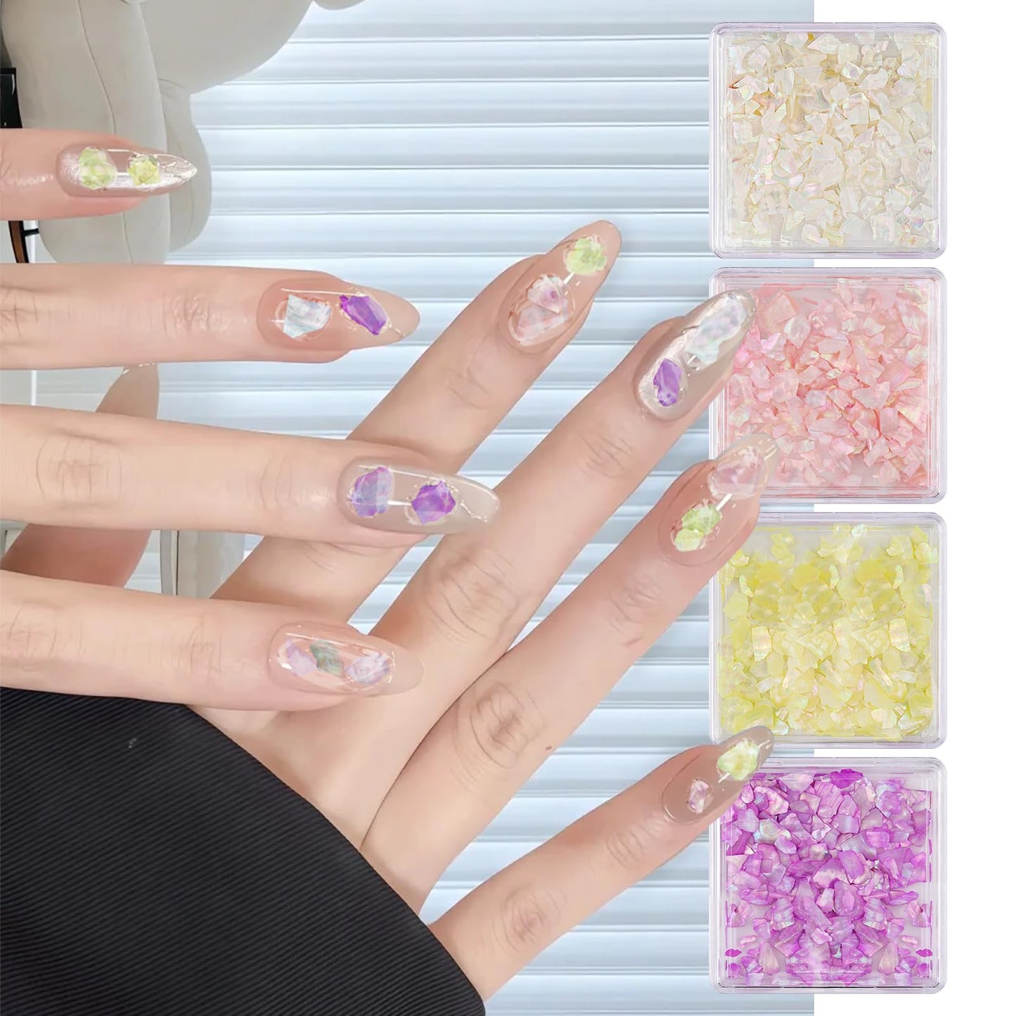 4 Boxes Abalone Seashell Nail Art Sequins, 3D Aurora Seashell Slices for Nails, Irregular Mermaid Shell Nail Glitter Flakes for Women Manicure Decoration DIY Crafts Nails Art Designs