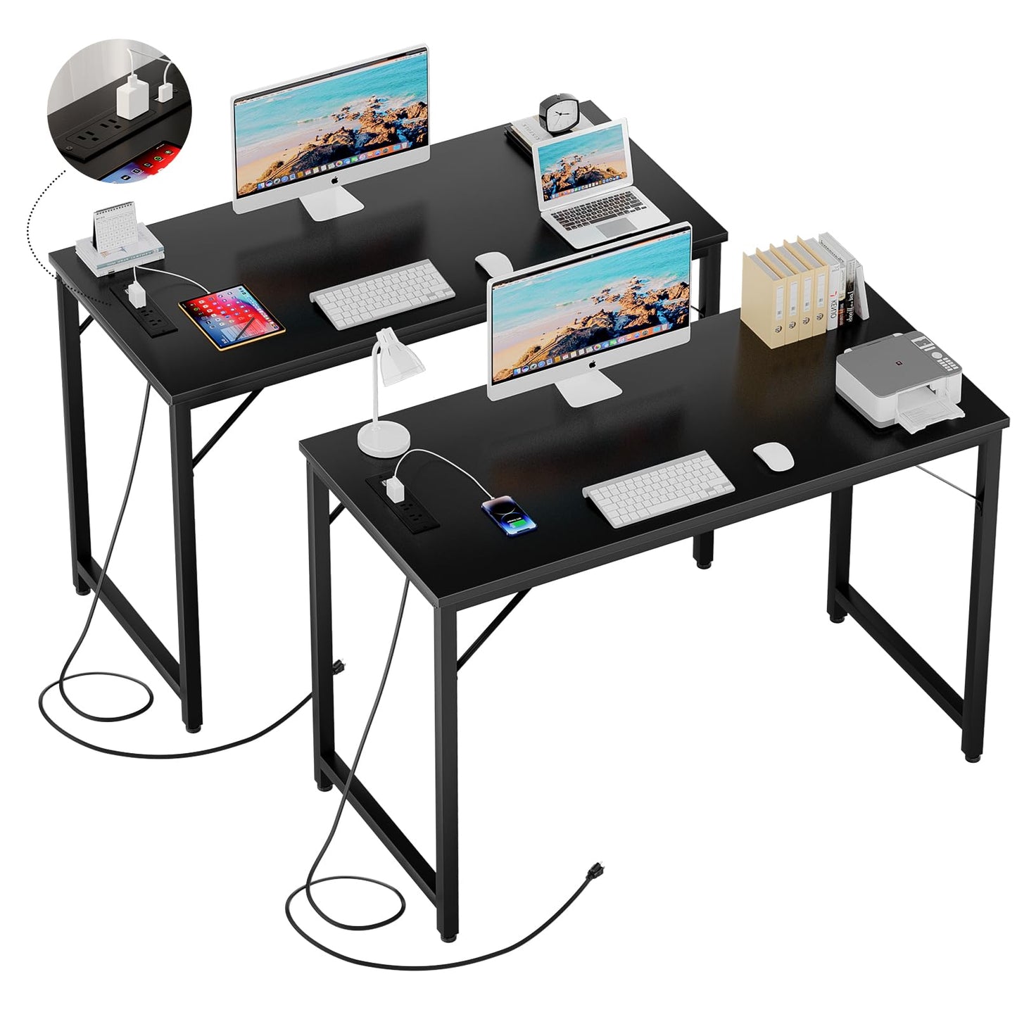 iSunirm 47 Inch Computer Desk with Magic Power Outlets and USB Charging Ports, Modern Home Office Desks, Sturdy Simple Writing Table, Laptop PC Gaming Desk for Bedroom Workstation, Black, 2 Pack