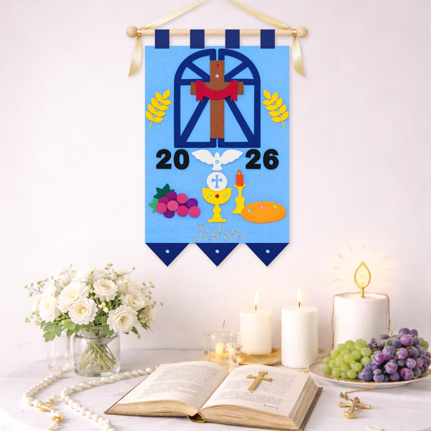 DIY First Communion Felt Banner Kit 9 x 12 Inch First Holy Communion Banner with Diamond Gem Stickers for Kids Sunday School Church Activity Baptism Party Decoration