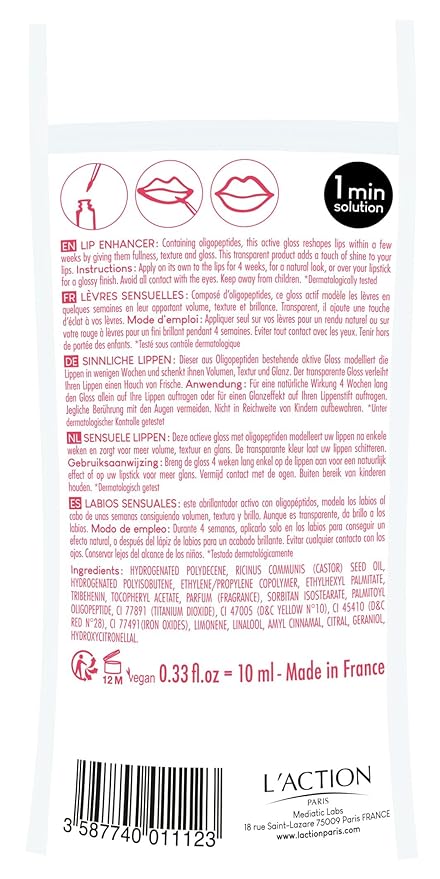 L'Action Paris Volume Lip Enhancer, Lip Gloss For Fullness Texture and Glossy Finish, Transparent Formula with Oligopeptides for Natural Shine and Volume 10ml