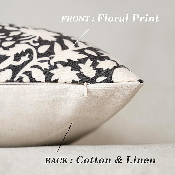 Foindtower Set of 2 Decorative Neutral Floral Throw Pillow Covers Accent Farmhouse Cushion Covers Boho Vintage Pillowcase for Couch Sofa Bedroom Living Room Home Decor18×18 Inch,Black