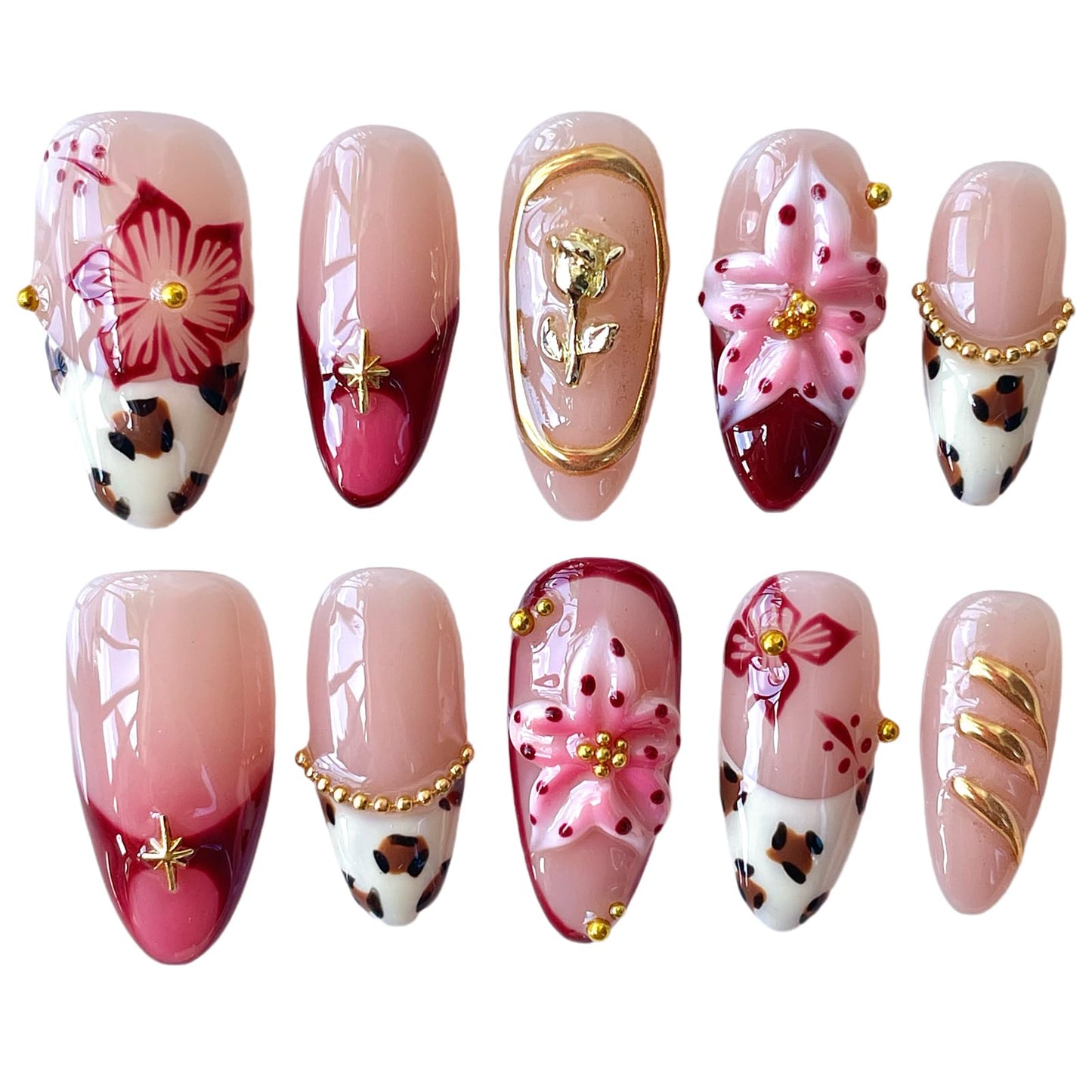 Handmade Press on Nails, Medium Almond Shape, 3D Floral Design with Gold Accents, Leopard Print Acrylic False Nails (Gilded Feline, L)