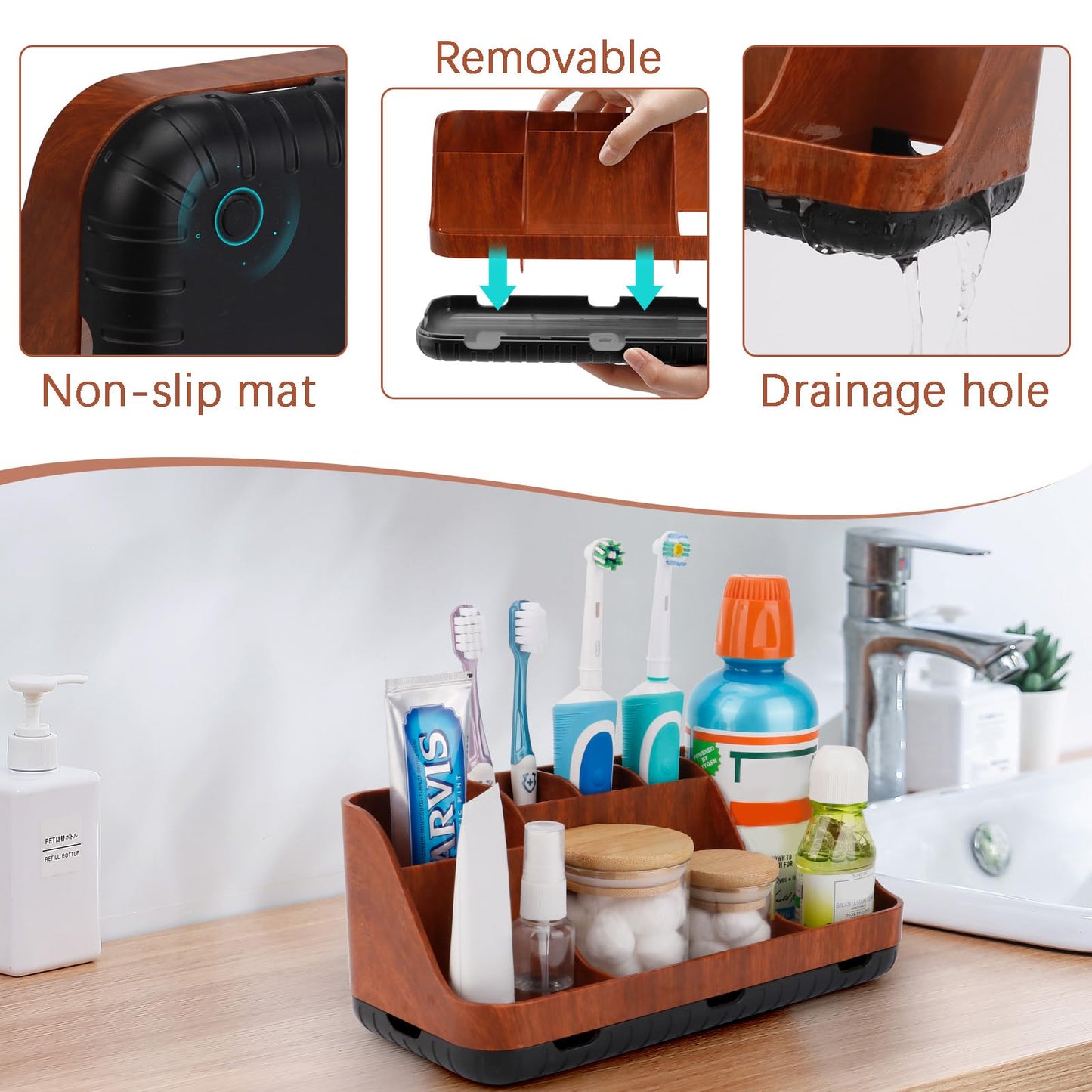 GFWARE Bathroom Decor and Accessories - Detachable 7 Slots Kids Electric Toothbrush and Toothpaste Holde for Bathroom Tray Countertop Vanity Storage, Bathroom Sink Storage Organizer, Red Wood