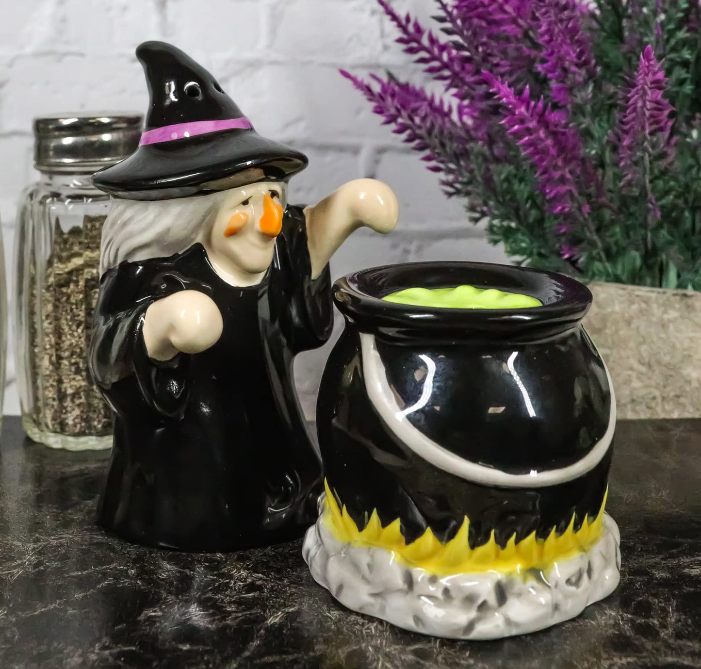 Ebros Gift 'Double Double Toil And Trouble Fire Burn And Cauldron Bubble' Black Potion Magic Witch And Large Cauldron On Fire Hearth Salt Pepper Shakers Set Ceramic Figurines