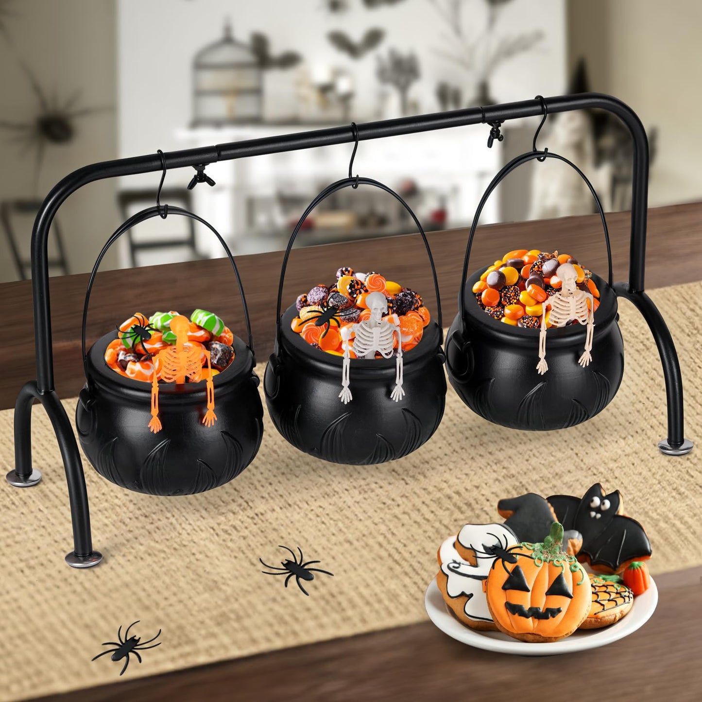 Halloween Decor - Halloween Party Decorations - Set of 3 Witches Cauldron Serving Bowls on Rack - Black Plastic Cauldron with Skeletons for Indoor Outdoor Home Kitchen Decoration