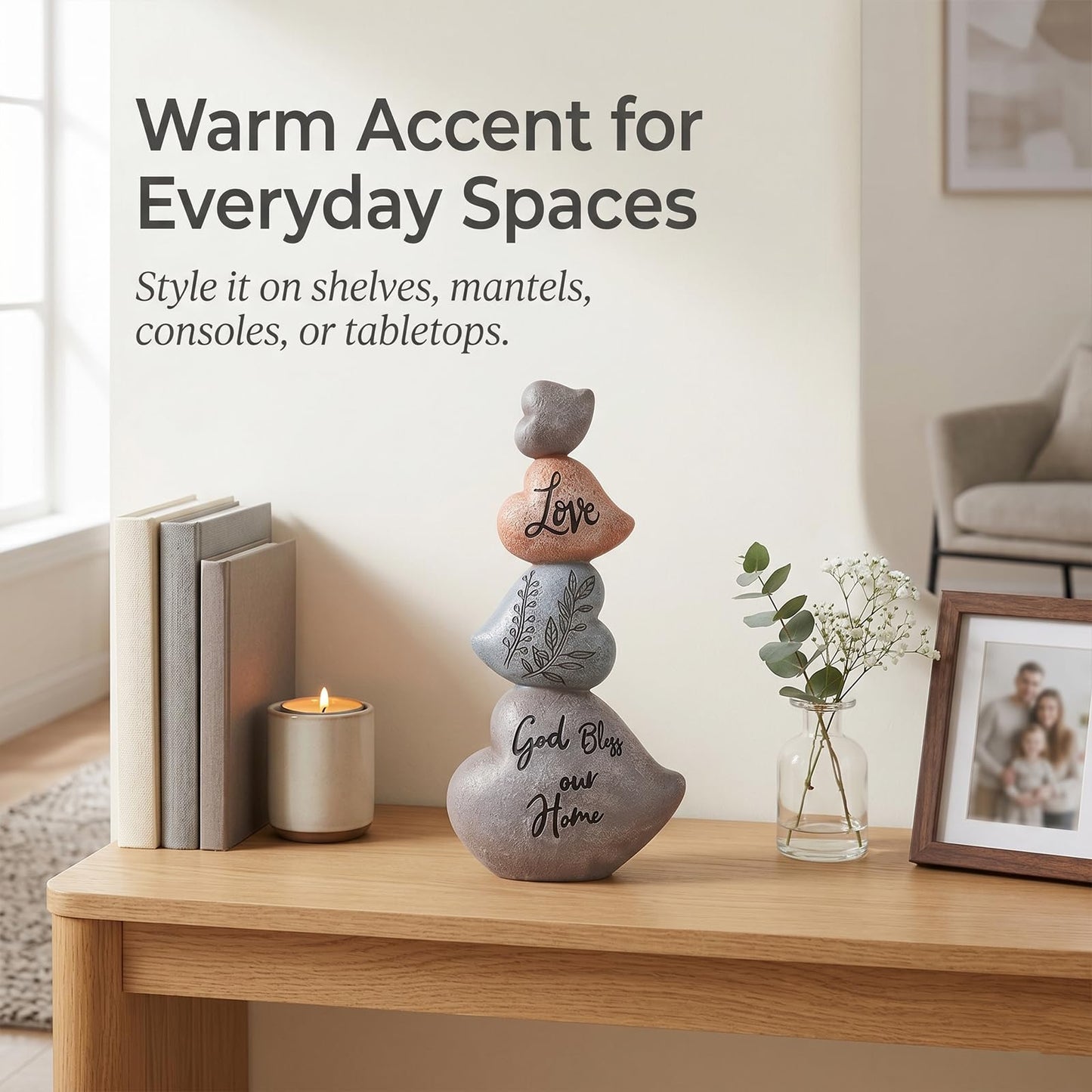 8.07in Heart Sculpture Decor, Textured Stone-Look Love Statue with God Bless Our Home Message, Stacked Heart Figurine for Shelf, Tabletop and Mantel, Housewarming Gift, Heart Decorations for Home