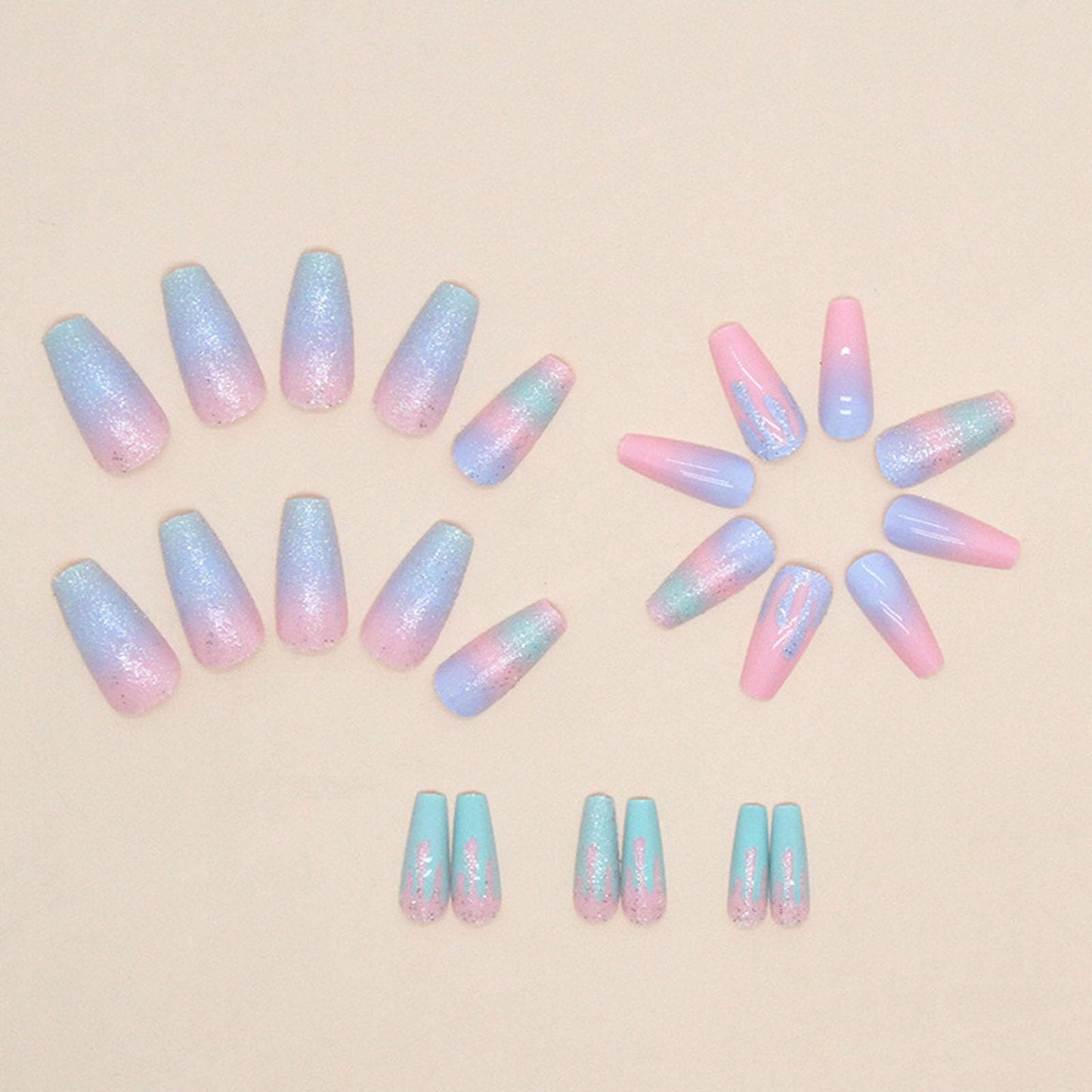 FOLONRAL Coffin Press on Nails Medium Fake Nails Colorful Gradient Nails Press ons Glitter Glue on Nails Cute False Nails Full Cover Artificial Stick on Nails for Women 24Pcs, pink bluegreen