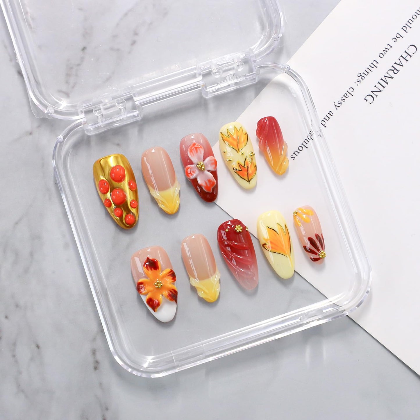 Handmade Press on Nails Fall Medium Almond Fake Nails Yellow Gradient Flower & Autumn Leaves Designs Full Cover Thickened Salon Quality False Nail French Acrylic Nails Stick on Nail for Women（Size M）