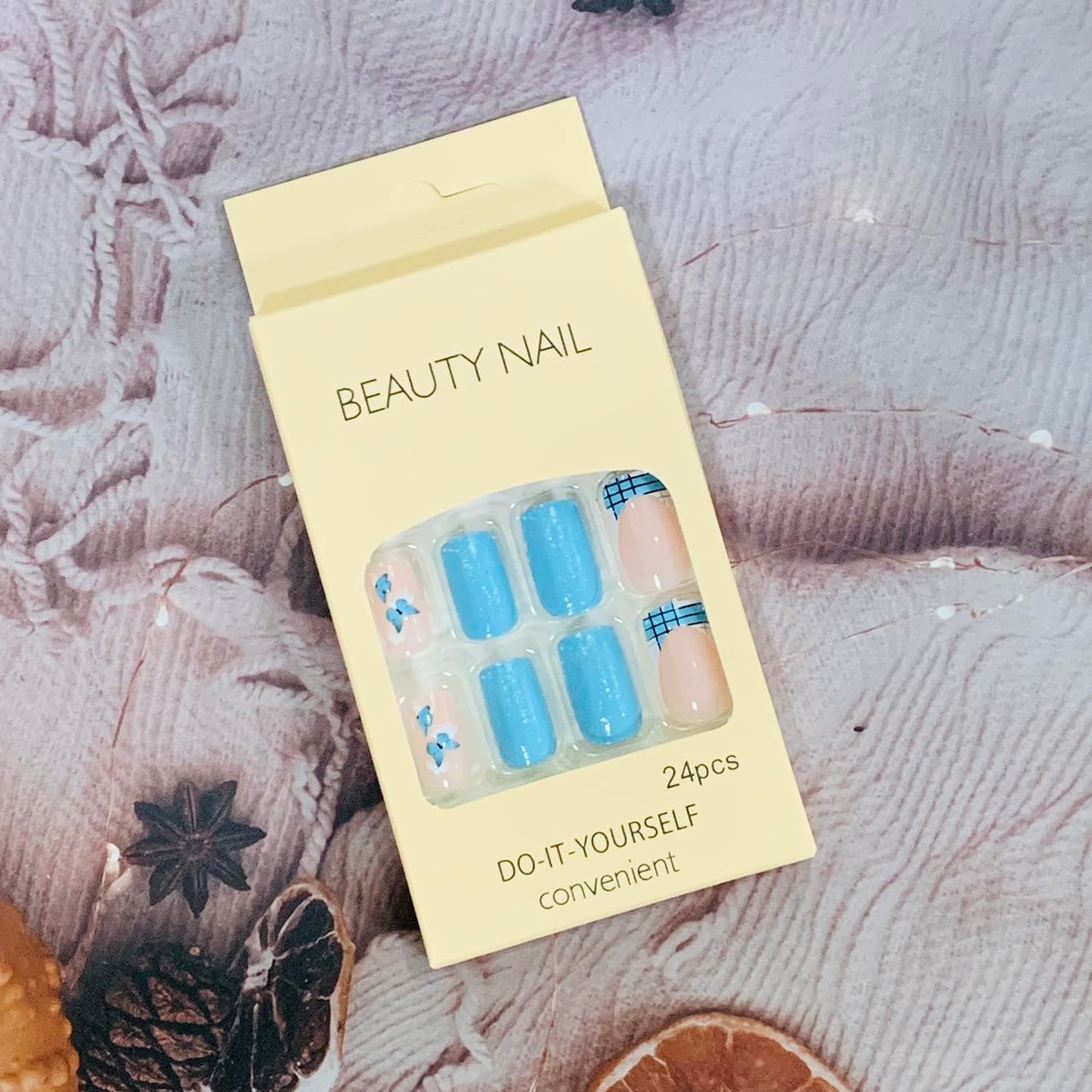 Vezocim French Tips Press on Nails Square Shapes 24Pcs Glossy Full Cover Medium Acrylic Blue Square False Nails with Butterfly Designs Artificial Coffin Fake Nails Glue ons Fingernails for Women