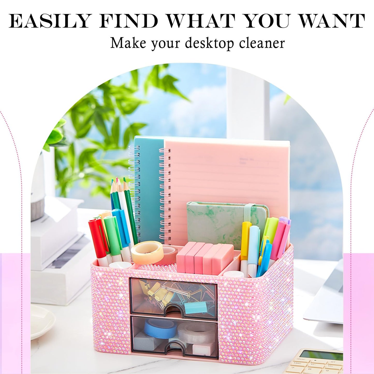 MotiMind Pink Bling Desk Organizer with 2 Drawer, Sparkly Makeup Organizer for Vanity, Girly Desk Accessories, Rhinestone Pen Holder, Elevate Your Workspace with Pink Serenity (Diamond)
