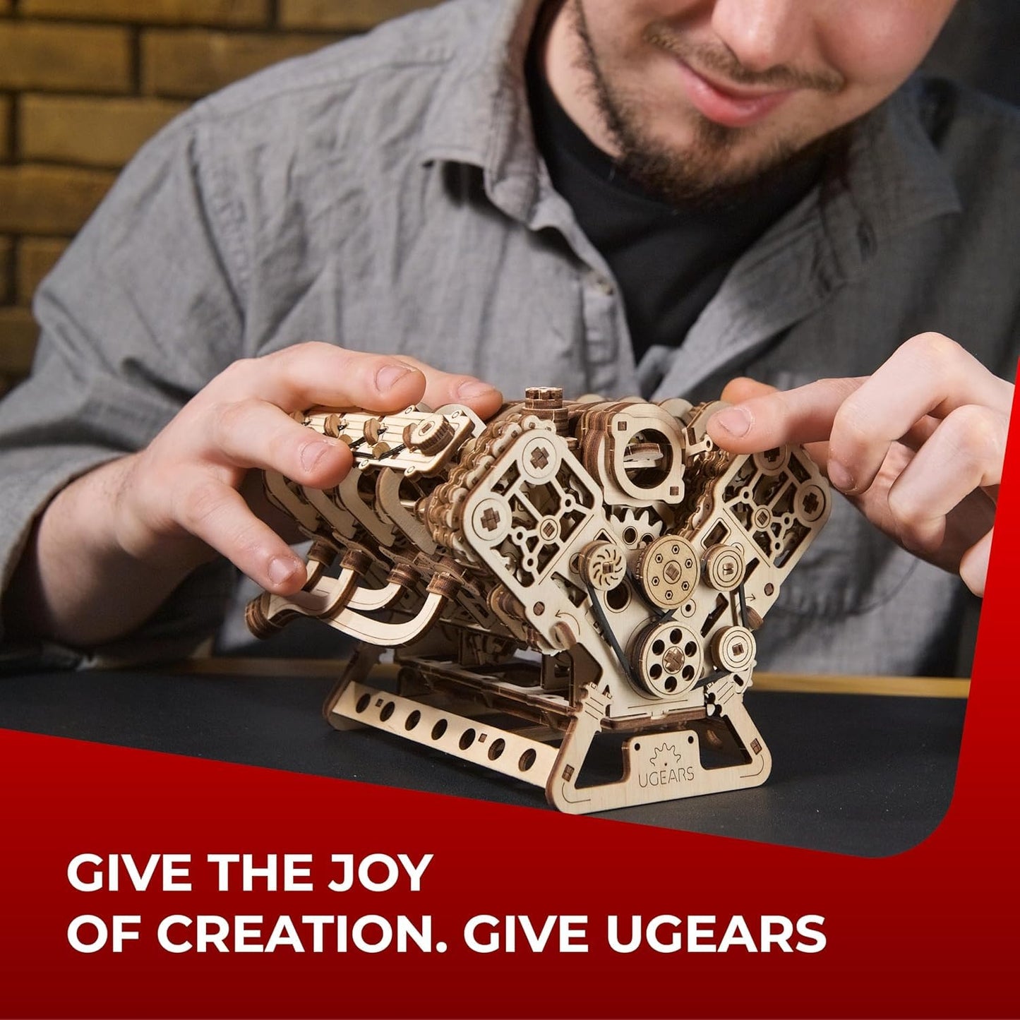 UGEARS V8 Engine Model Kit - 3D Wooden Puzzles for Adults, 3D Puzzle Model Engine Kit, DIY Kits Gifts for Engineers for Christmas, Wooden Model Kits for Adults to Build, Brain Teaser Hobby Set