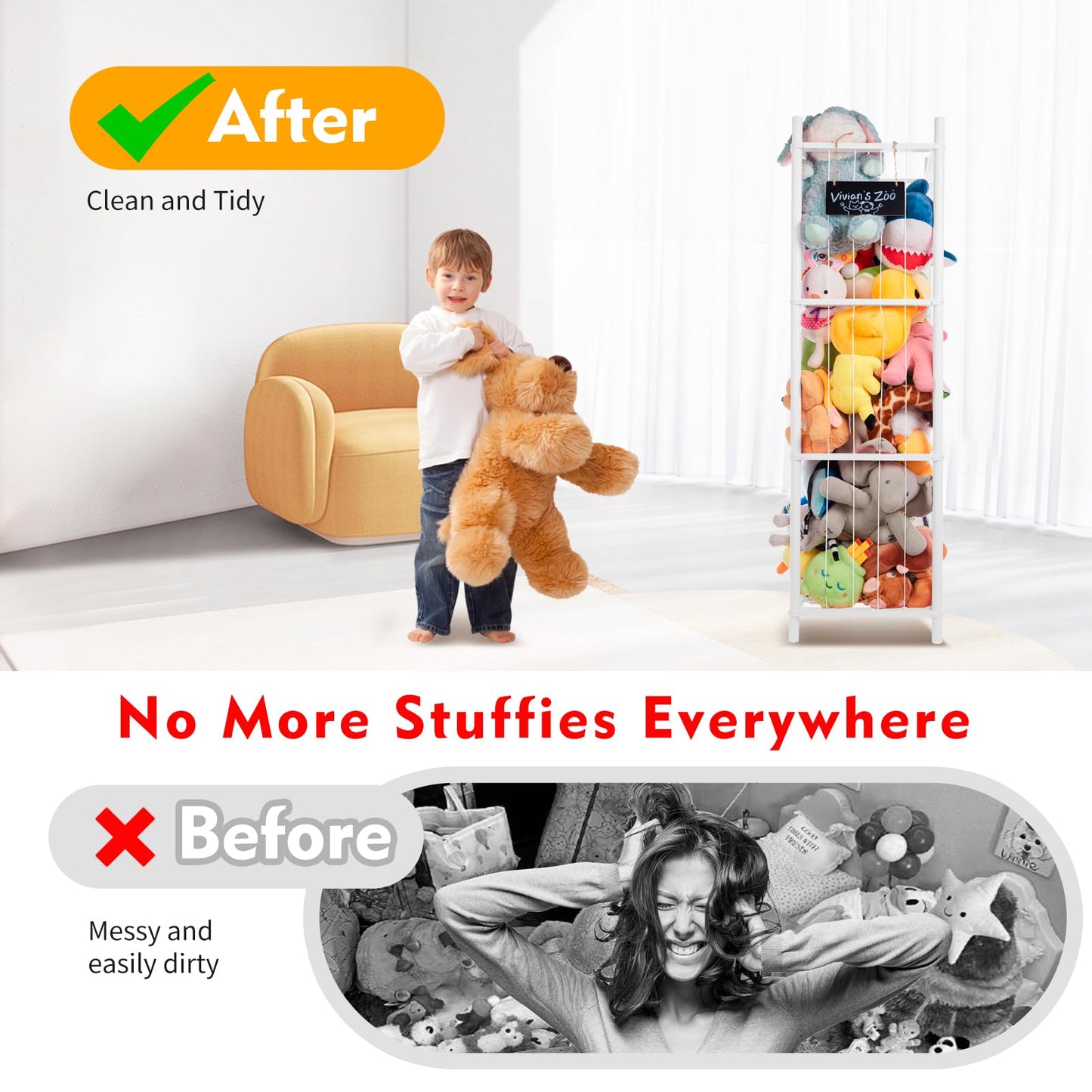 BEINGMATE Care Large Stuffed Animal Storage Organizer, Wooden Stuffed Animal Storage Zoo, Toy Holder, Space Saving Toy Tower for Kidroom, Playroom, Kid’s Gift, White