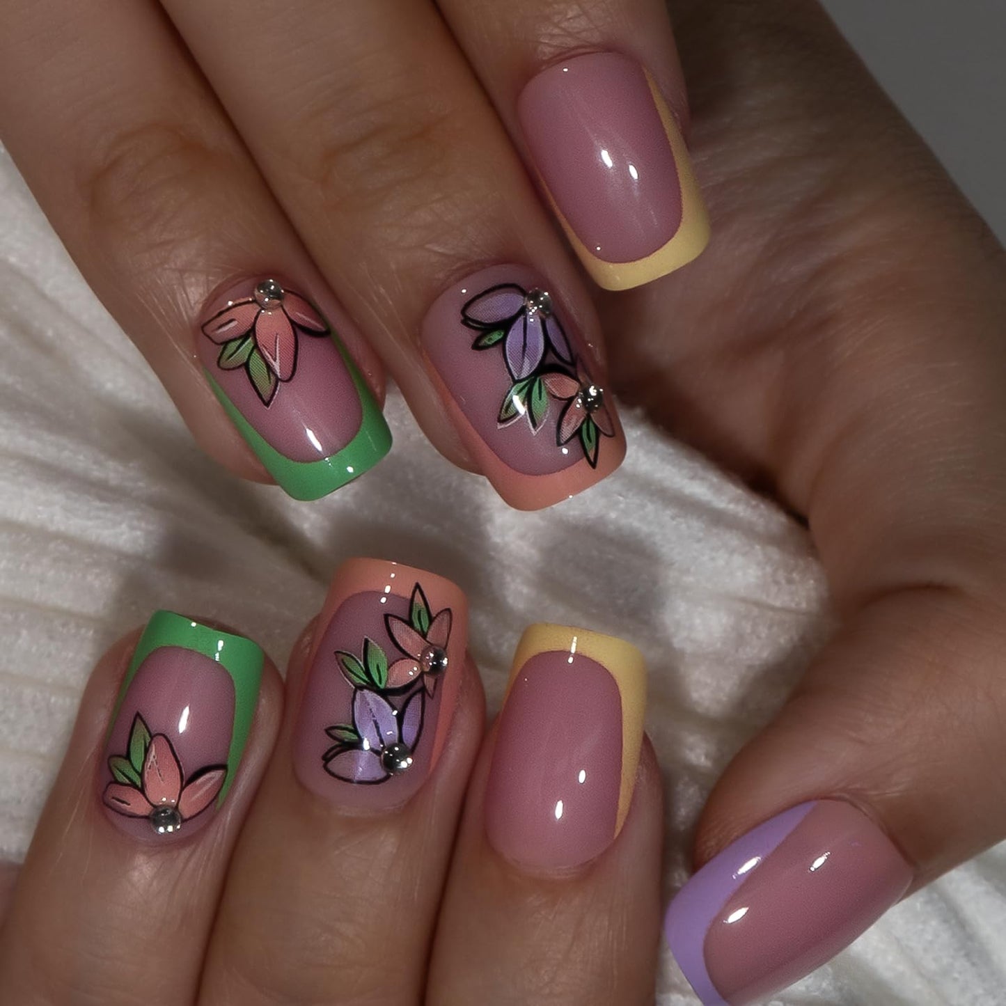 Curvlife Press on Nails Acrylic Fake Nails with Rainbow Flower French Design Full Cover False Nails Reusable Nail Kit with Glue on Nails Tips