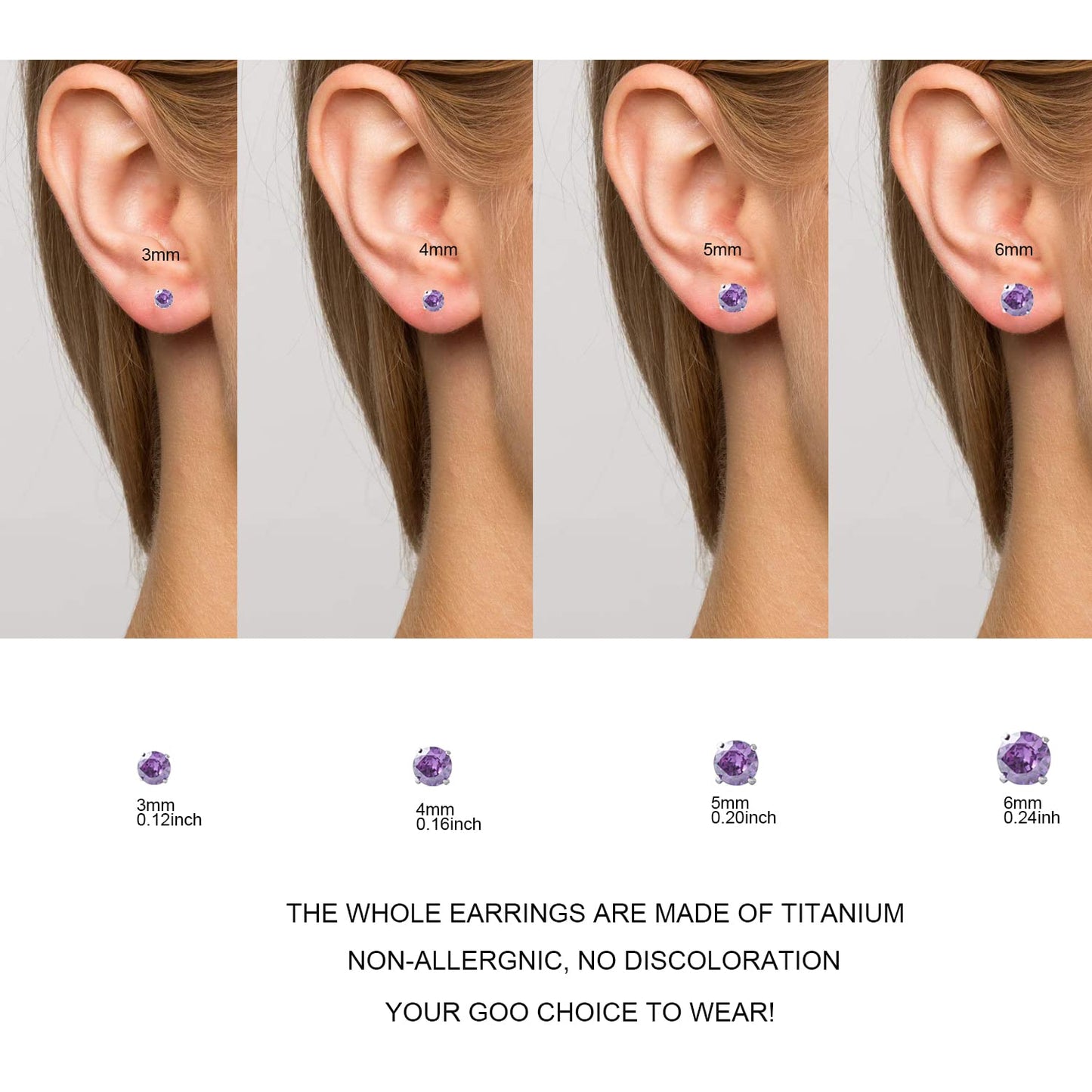1 Pair Implant Grade Titanium Stud Earrings Set Hypoallergenic 3mm 4mm 5mm 6mm Cubic Zirconia G23 Titanium Earring Studs for Women Men for Sensitive Ear (3mm purple)