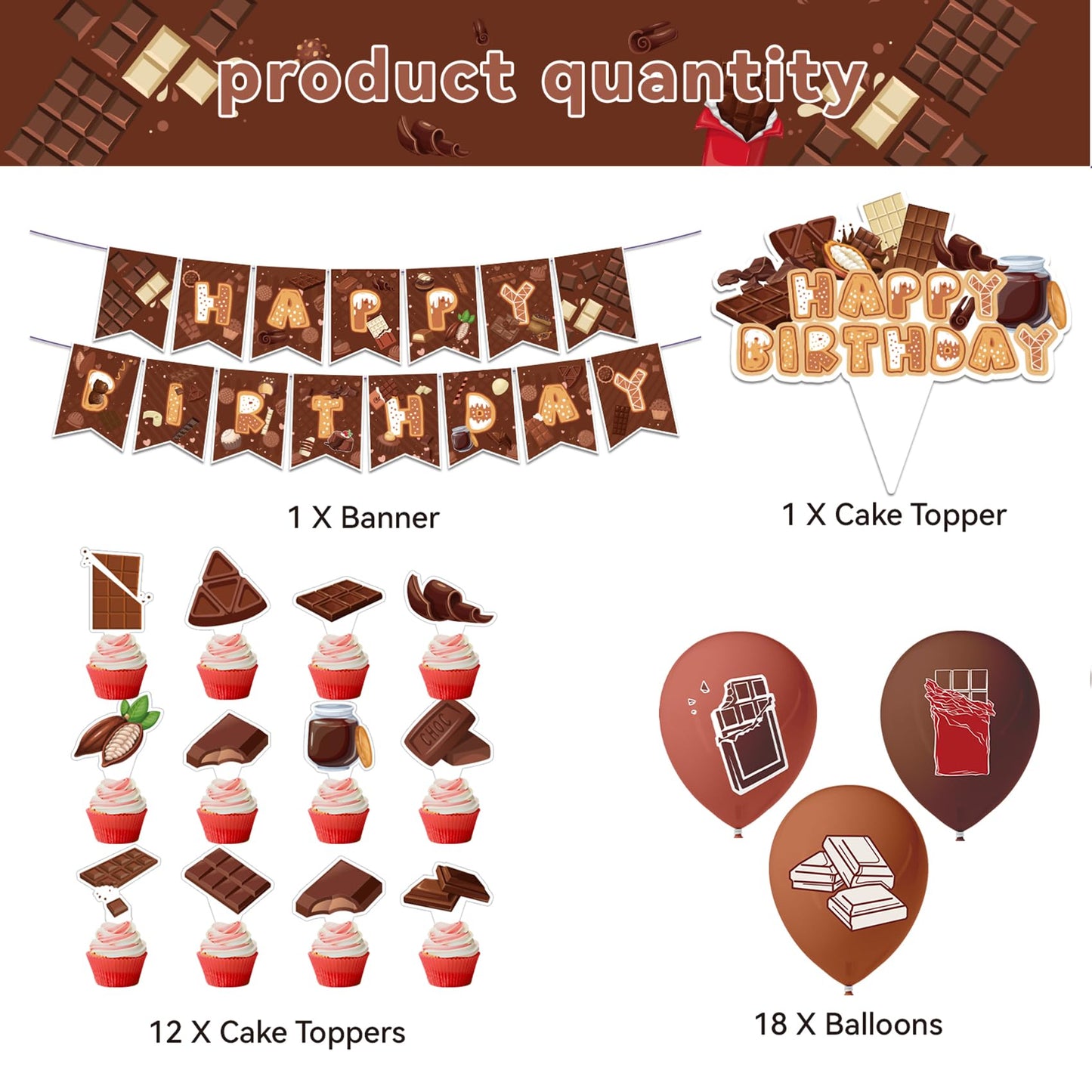 Chocolate Party Decorations Chocolate Birthday Party Supplies Includes HAPPY BIRTHDAY Banner Cake Topper Cupcake Toppers Balloons for Chocolate Birthday Decorations