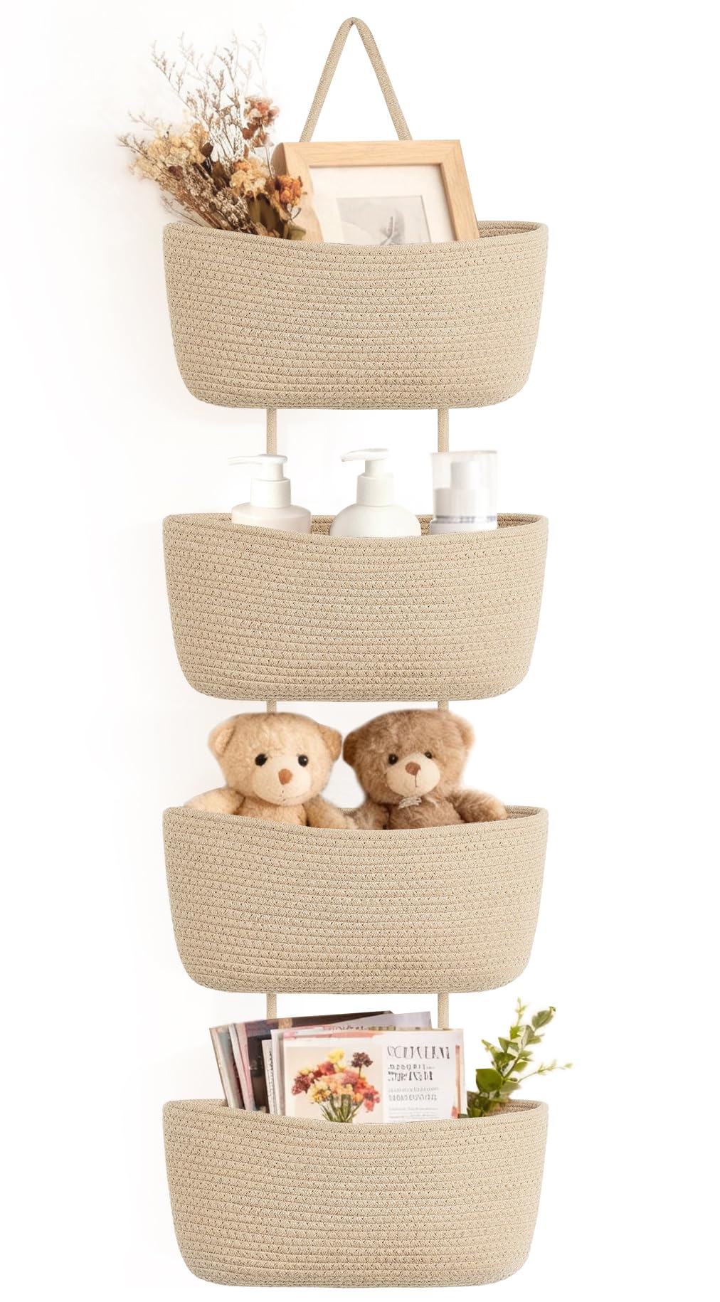 Dahey Over The Door Hanging Basket 4-Tier Woven Boho Wall Mounted Storage Organizer with Hooks for Bedroom Nursery Bathroom Apartments Dorm Pantry Decor, Jute