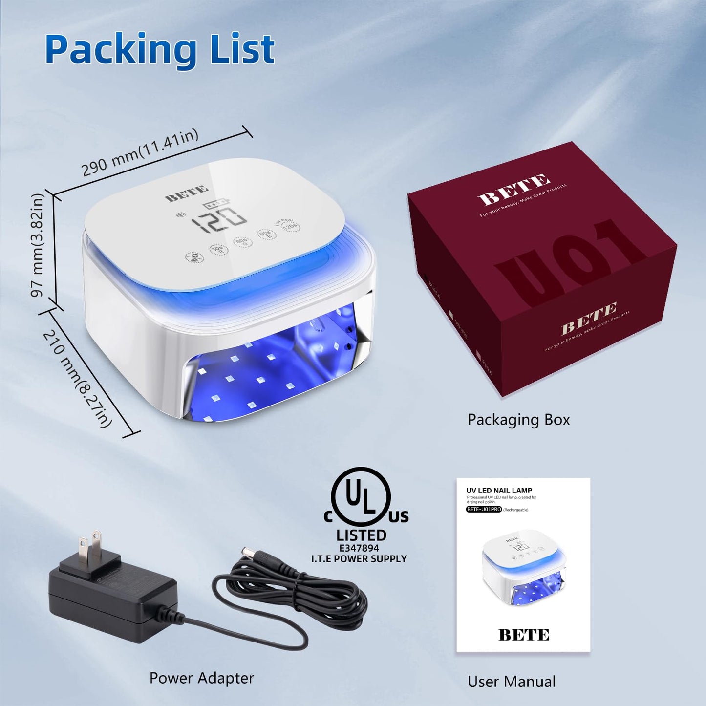 BETE 60W Cordless UV LED Nail Lamp - Rechargeable Gel Polish Dryer with Auto Sensor, 30 Beads & 4 Timer Settings Portable for Home/Salon White