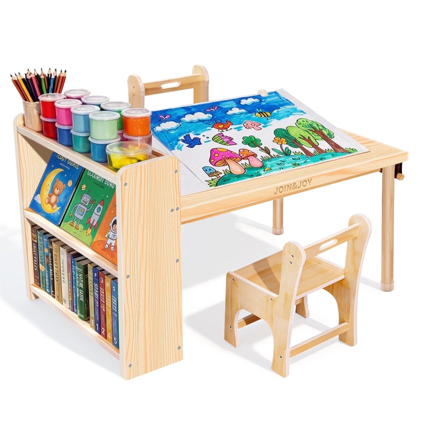 JOIN&JOY Children's Art Table and 2 Chair Set, Multifunctional Craft Table with Storage Shelves, Toddler Activity for Creativity, Drawing, Learning & Playtime