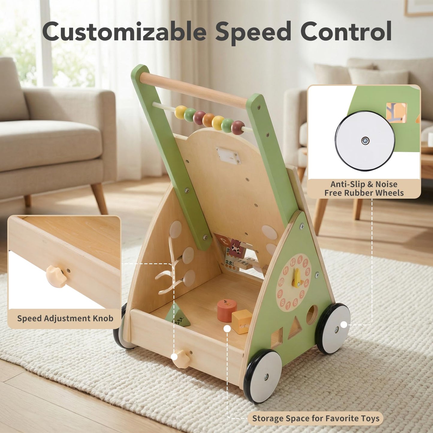 DUMOS Wooden Baby Push Walker, Montessori Activity Toys with Adjustable Speed for 1 Year Old, Silent Rubber Wheels, Green