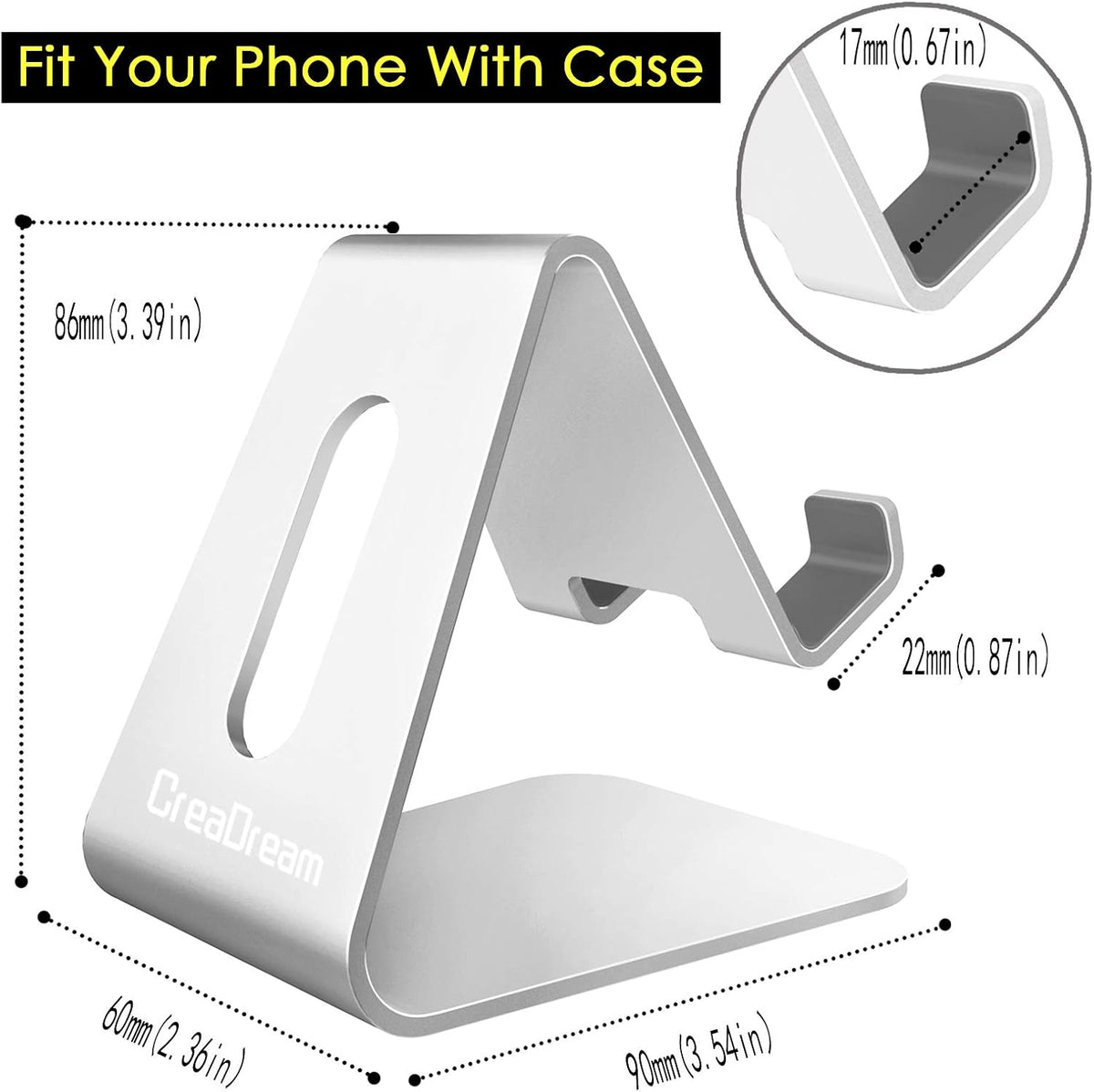 CreaDream Cell Phone Stand, Cradle, Holder,Aluminum Desktop Stand Compatible with Switch, All Smart Phone, iPhone 11 Pro Xs Max Xr X Se 8 7 6 6s Plus SE 5 5s-Silver