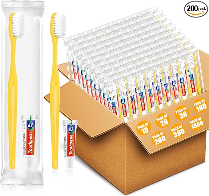 Disposable Toothbrushes with Toothpaste 200 Pack, Travel Size Toothbrush and Toothpaste Set, Bulk Tooth Brush Tooth Paste Kit, Individually Wrapped Travel Toiletries for Homeless, Hotel