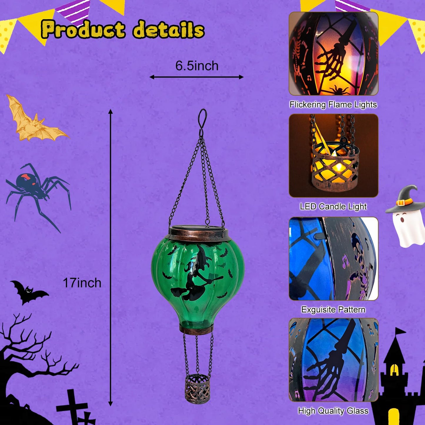 Halloween Decoration Outdoor Hot Air Balloon Solar Lantern with Flickering Flame, Hanging Outdoor Lanterns with Flying Witch Design Waterproof Decor for Garden, Patio, Halloween Party(Witch)