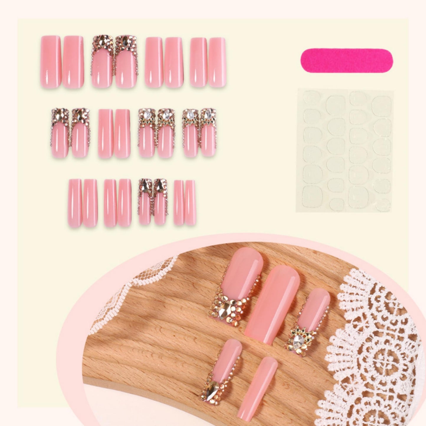 Square Press on Nails Long Fake Nails Gold Artificial Nail SEENEEY Rhinestones Sparkly Stick on Nail for Women 24pcs