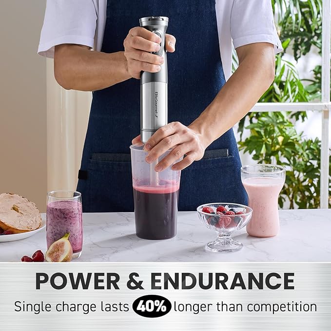 Elite Gourmet EHB1324 Cordless, Rechargeable Hand Blender, Variable 5-Speed Blending, One-Touch Power Button & Safety Lock, Stainless Steel Blades, Portable, Sauces, Soup, Smoothies, Baby Food, Gray