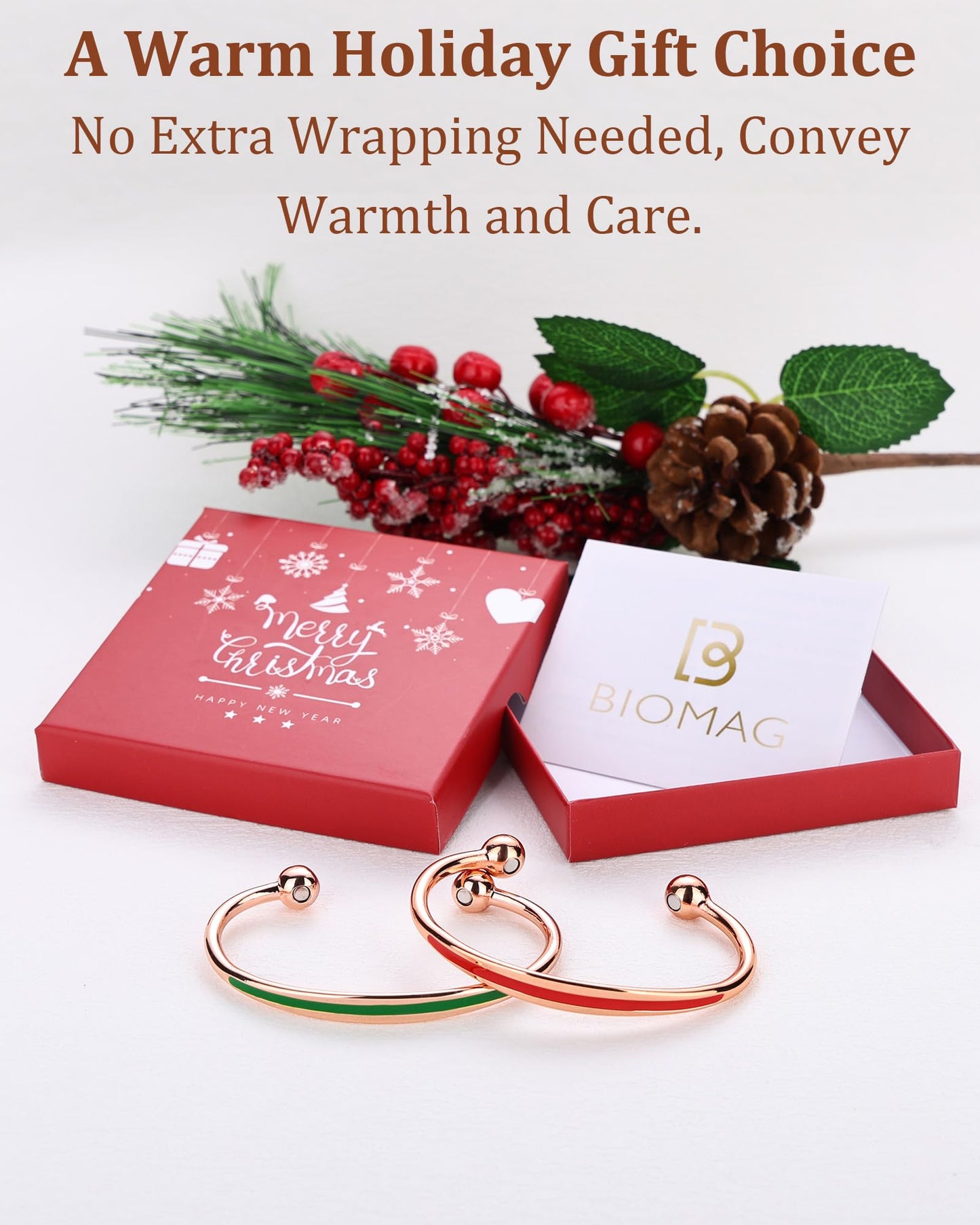 BioMag 2Pcs Copper Bracelets for Women Men, 99.9% Pure Copper Magnetic Bracelet Cuff Bangle with 8Pcs Magnets, Adjustable Jewelry Gifts (Green, Red-XMAS)
